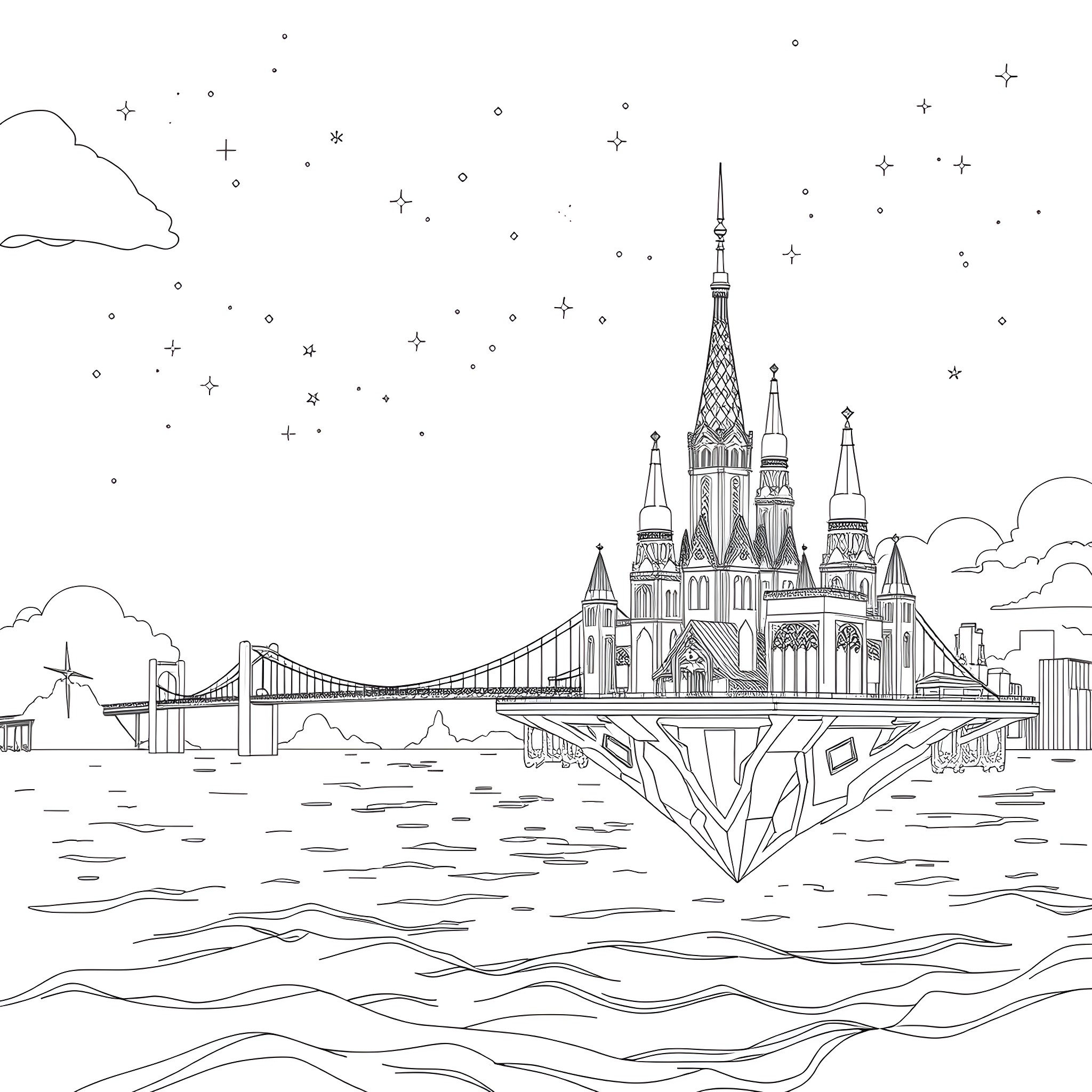 City with ornate architecture and suspension bridge Coloring Page (free black-and-white line drawing printable PDF for all, from beginners to advanced learners, including children, teens, adults, and seniors)
