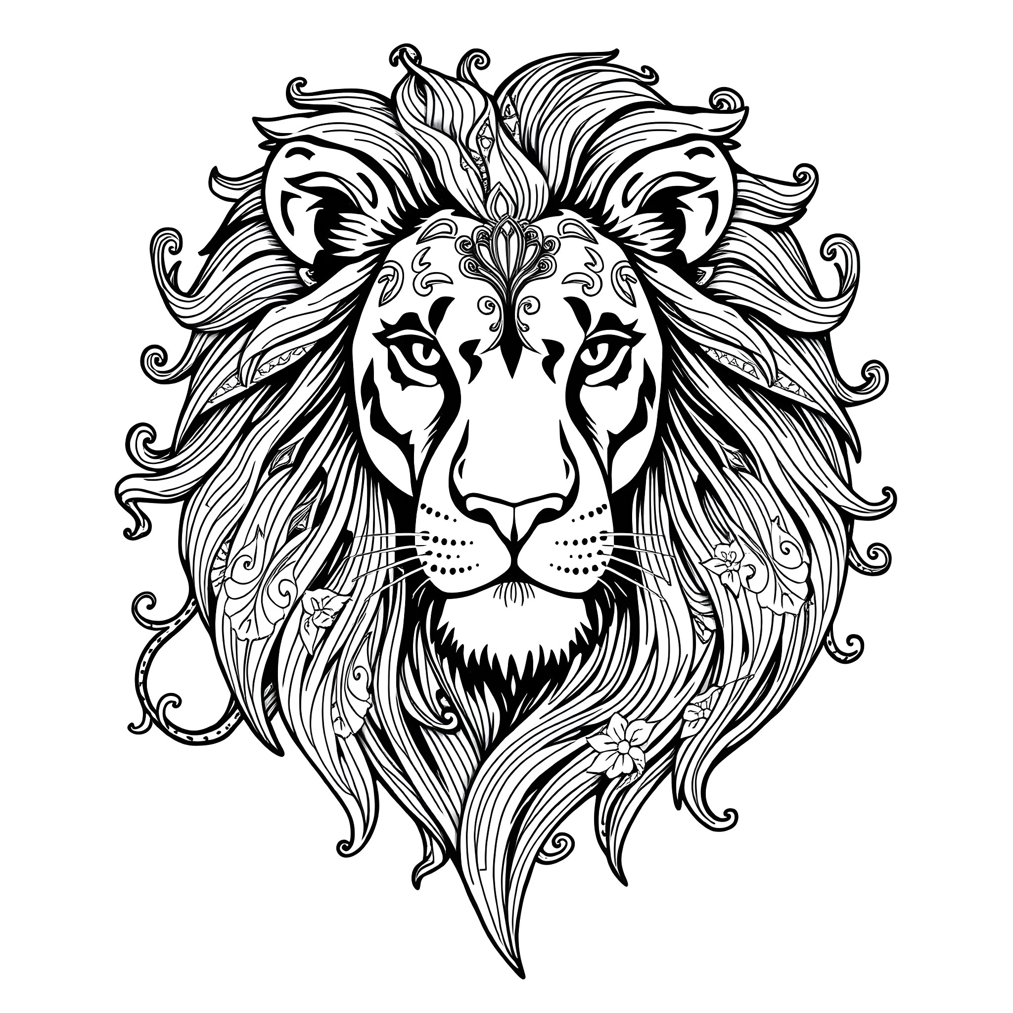 Lion with intricate floral patterns Coloring Page (free black-and-white line drawing printable PDF for all, from beginners to advanced learners, including children, teens, adults, and seniors)