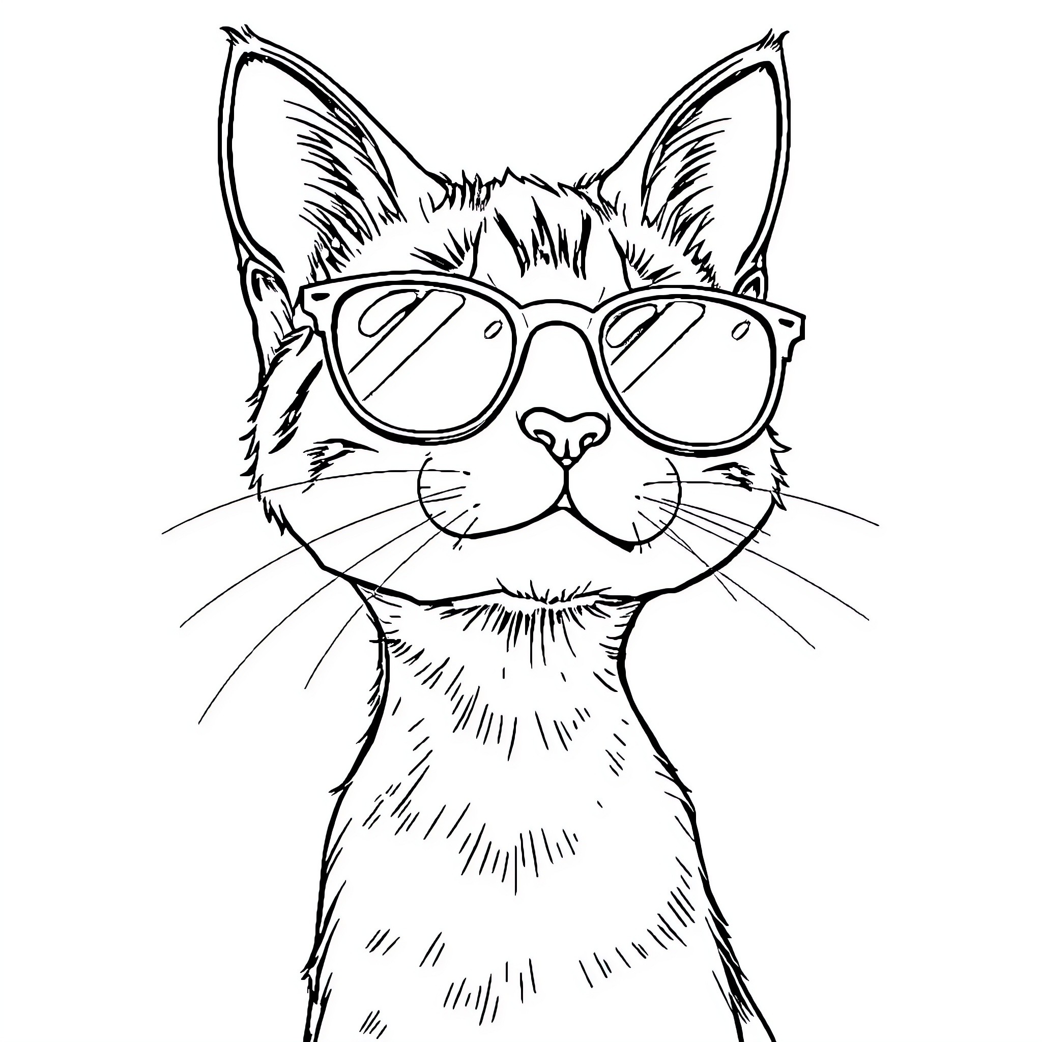 Cat wearing trendy eyeglasses Coloring Page (free black-and-white line drawing printable PDF for all, from beginners to advanced learners, including children, teens, adults, and seniors)