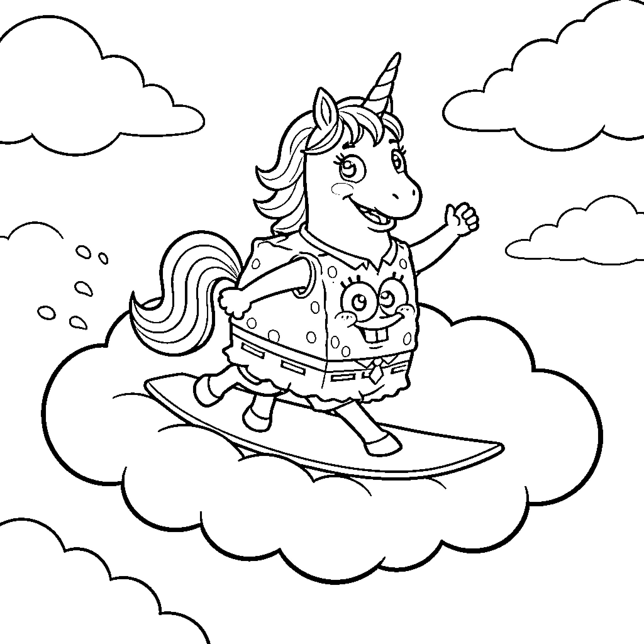 Licorne surfing on a cloud in the sky Coloring Page (free black-and-white line drawing printable PDF for all, from beginners to advanced learners, including children, teens, adults, and seniors)