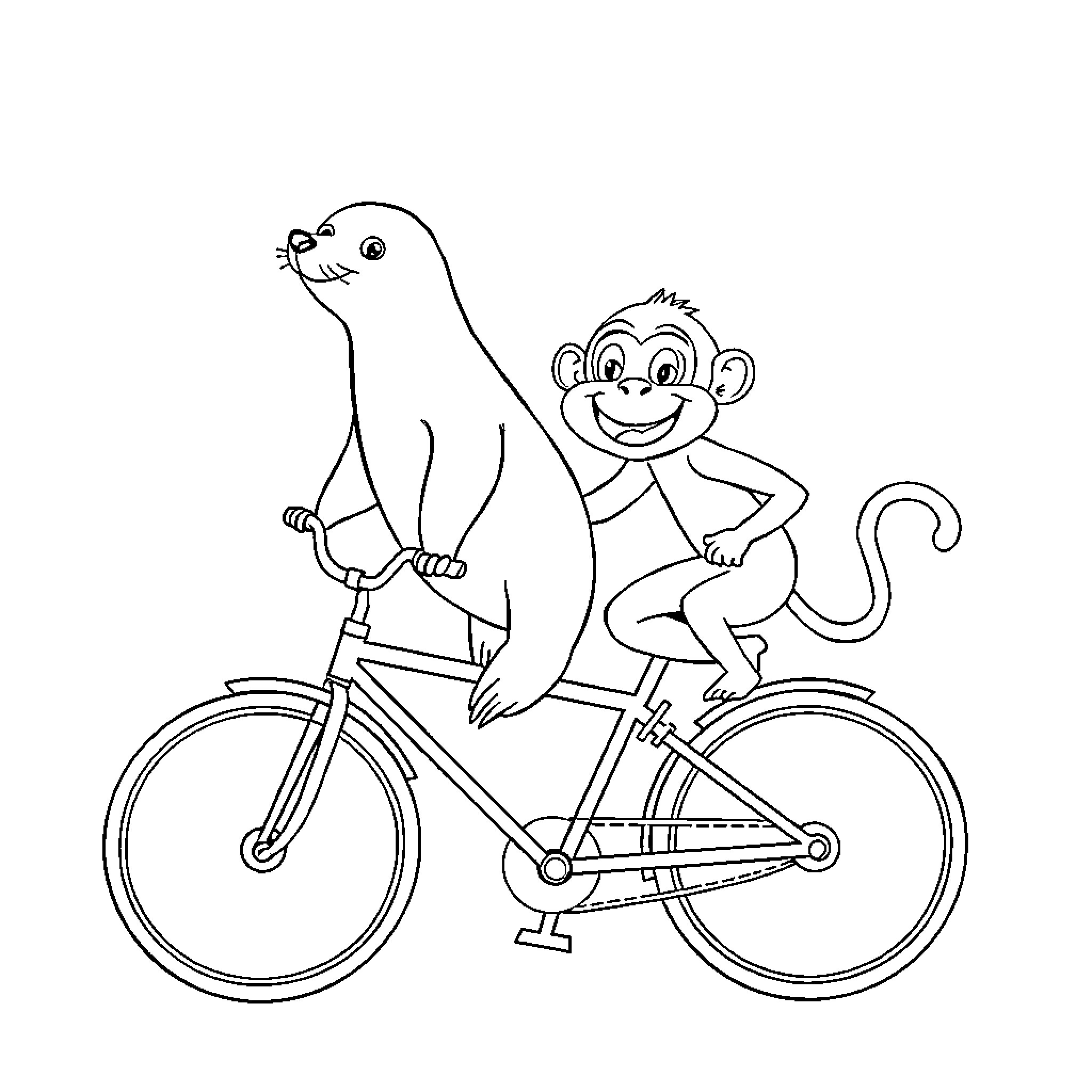 Seal and Monkey Riding Bicycle Together Coloring Page (free black-and-white line drawing printable PDF for all, from beginners to advanced learners, including children, teens, adults, and seniors)