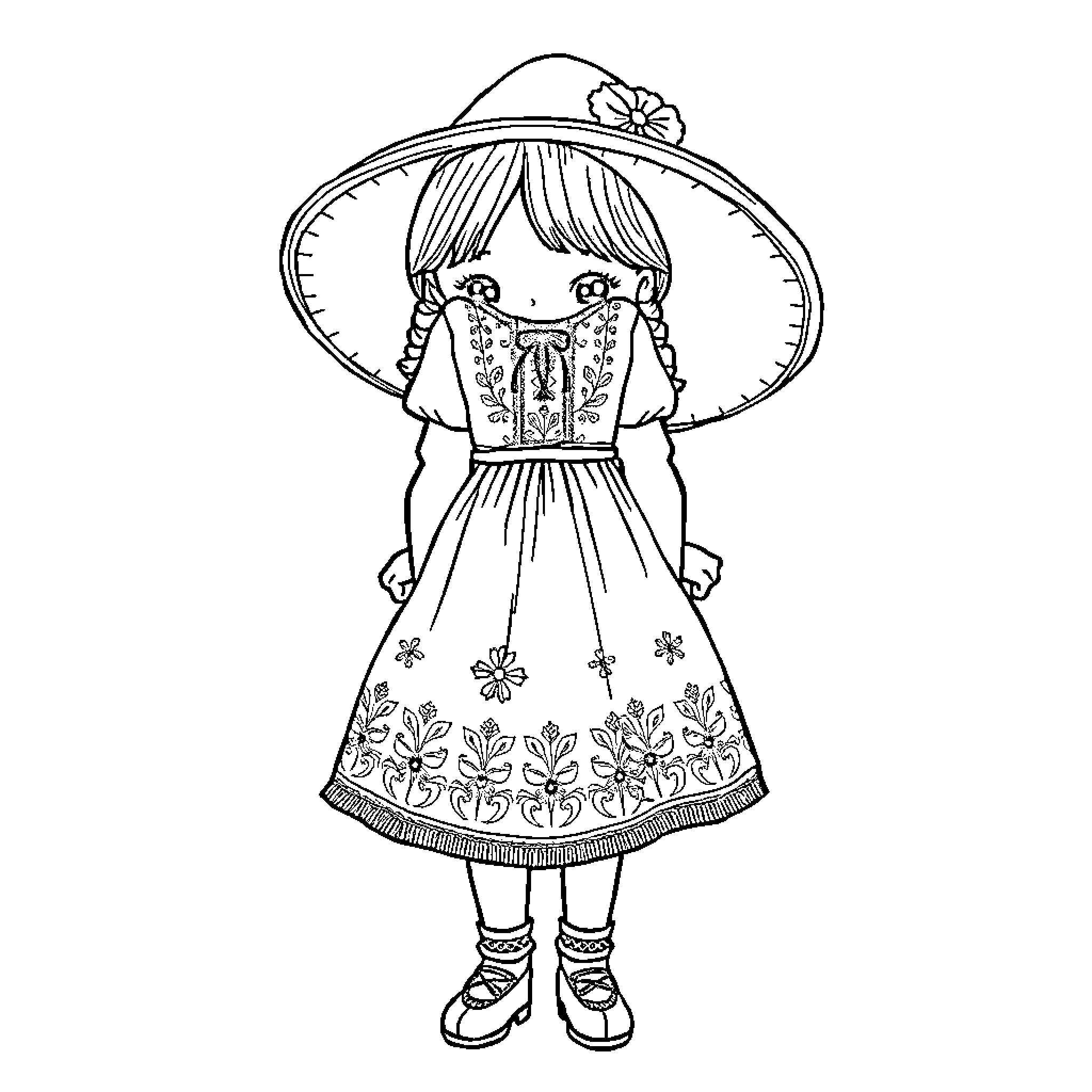 Girl in traditional floral dress and sunhat Coloring Page (free black-and-white line drawing printable PDF for all, from beginners to advanced learners, including children, teens, adults, and seniors)