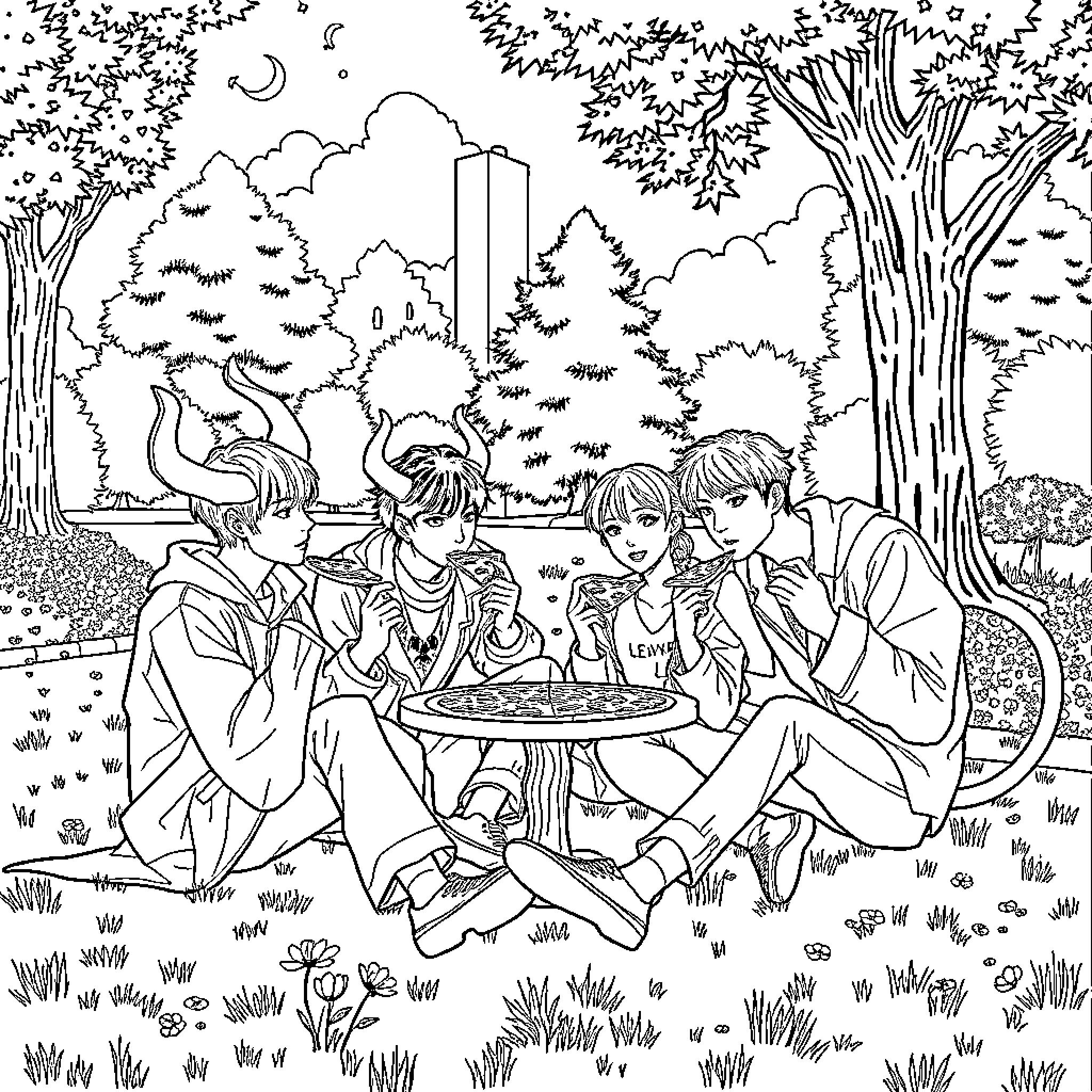 Demon Hunter Group Enjoying a Scenic Picnic Coloring Page (free black-and-white line drawing printable PDF for all, from beginners to advanced learners, including children, teens, adults, and seniors)