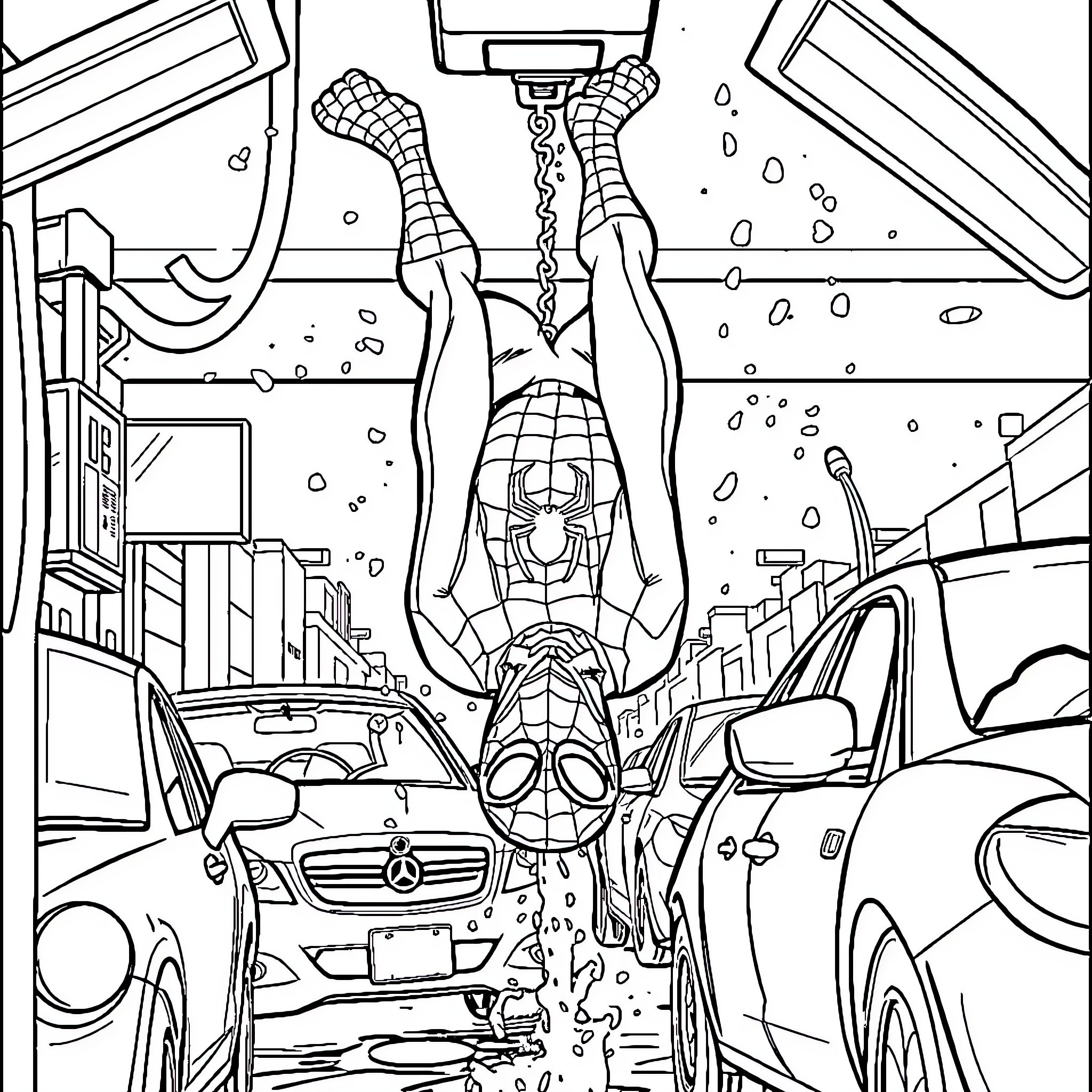 Spiderman swinging through the city, surrounded by vehicles and buildings Coloring Page (free black-and-white line drawing printable PDF for all, from beginners to advanced learners, including children, teens, adults, and seniors)