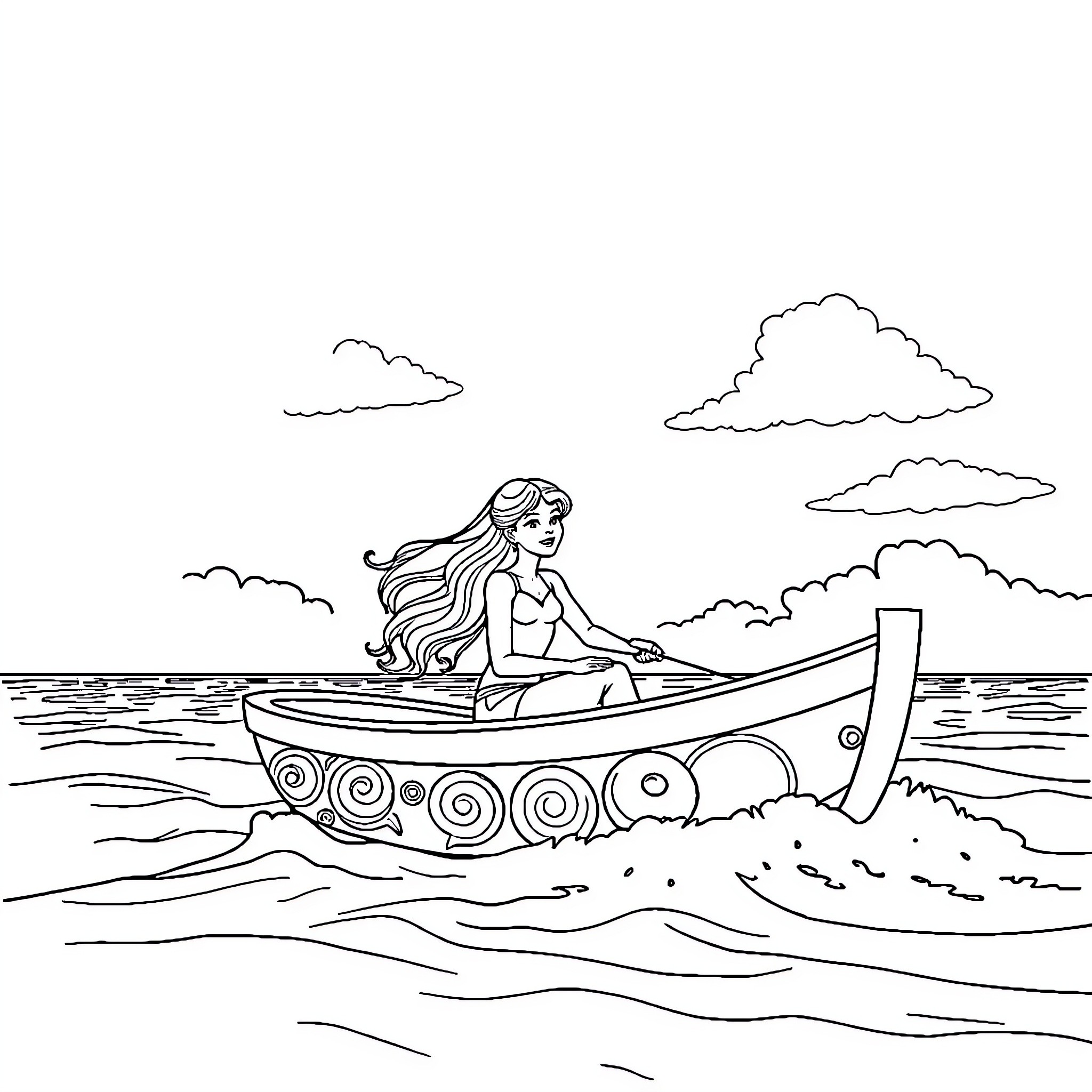 Vaianna rowing a whimsical boat on the waves Coloring Page (free black-and-white line drawing printable PDF for all, from beginners to advanced learners, including children, teens, adults, and seniors)
