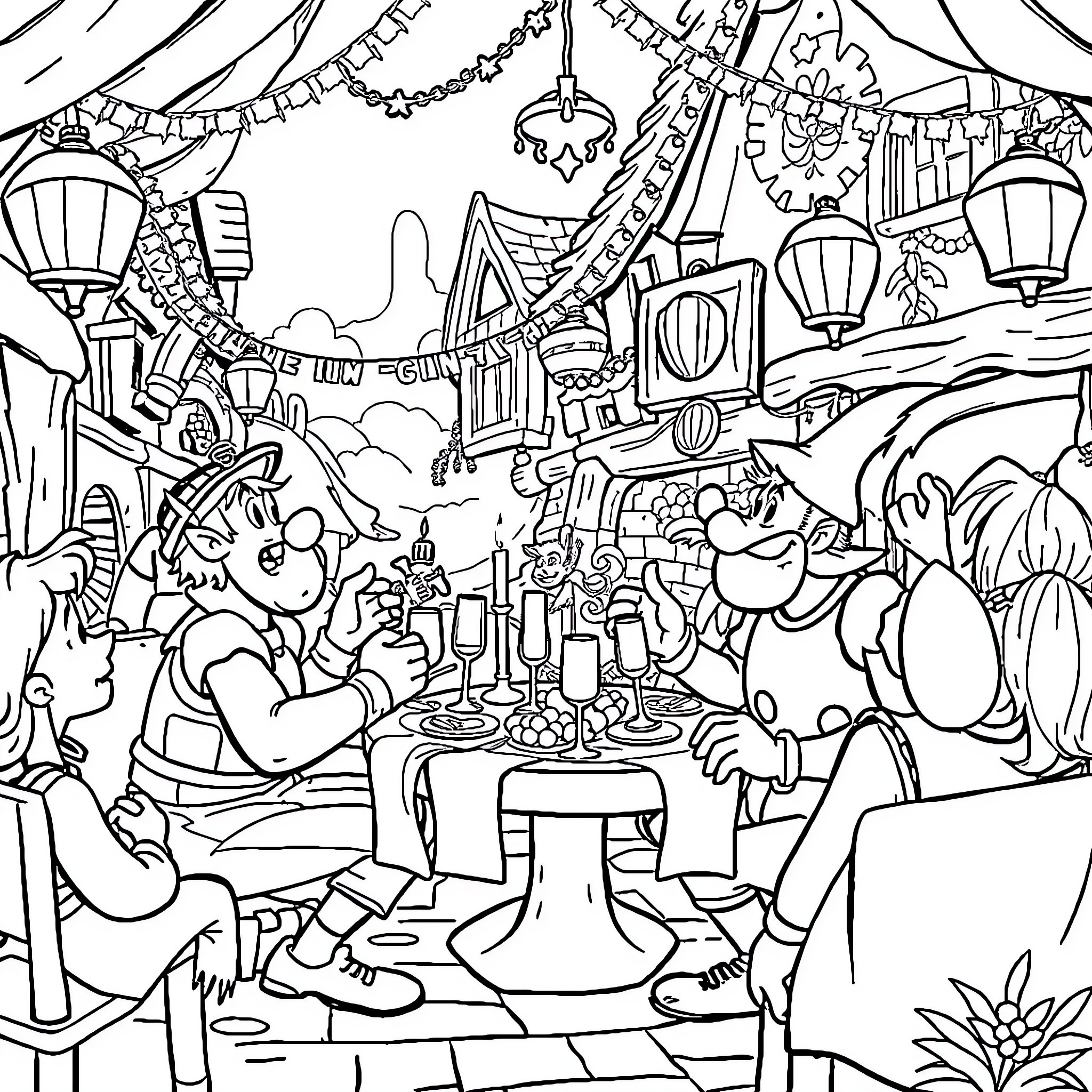 Asterix and Friends Celebrating Festive Occasion Coloring Page (free black-and-white line drawing printable PDF for all, from beginners to advanced learners, including children, teens, adults, and seniors)