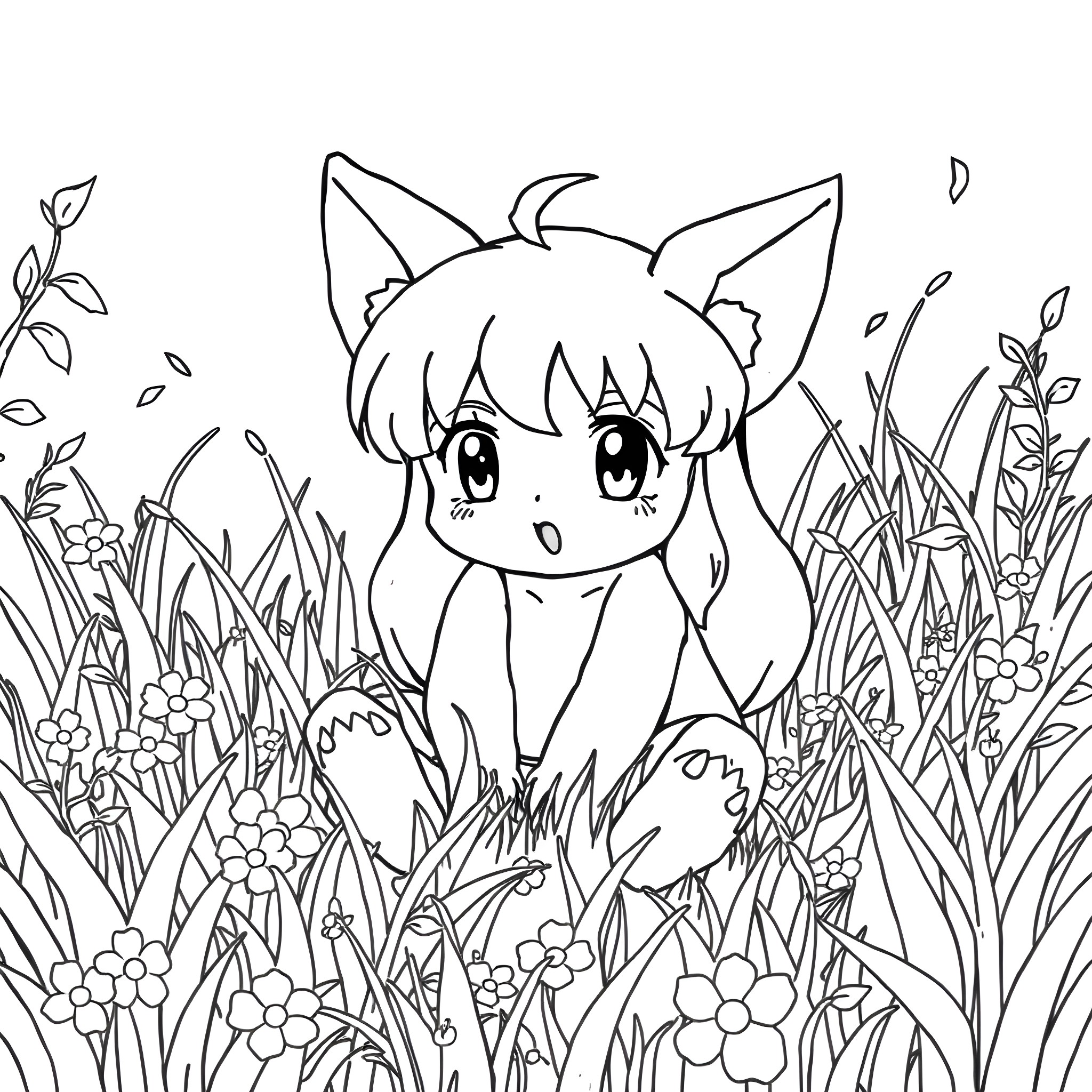 Inuyasha character in a whimsical floral setting Coloring Page (free black-and-white line drawing printable PDF for all, from beginners to advanced learners, including children, teens, adults, and seniors)