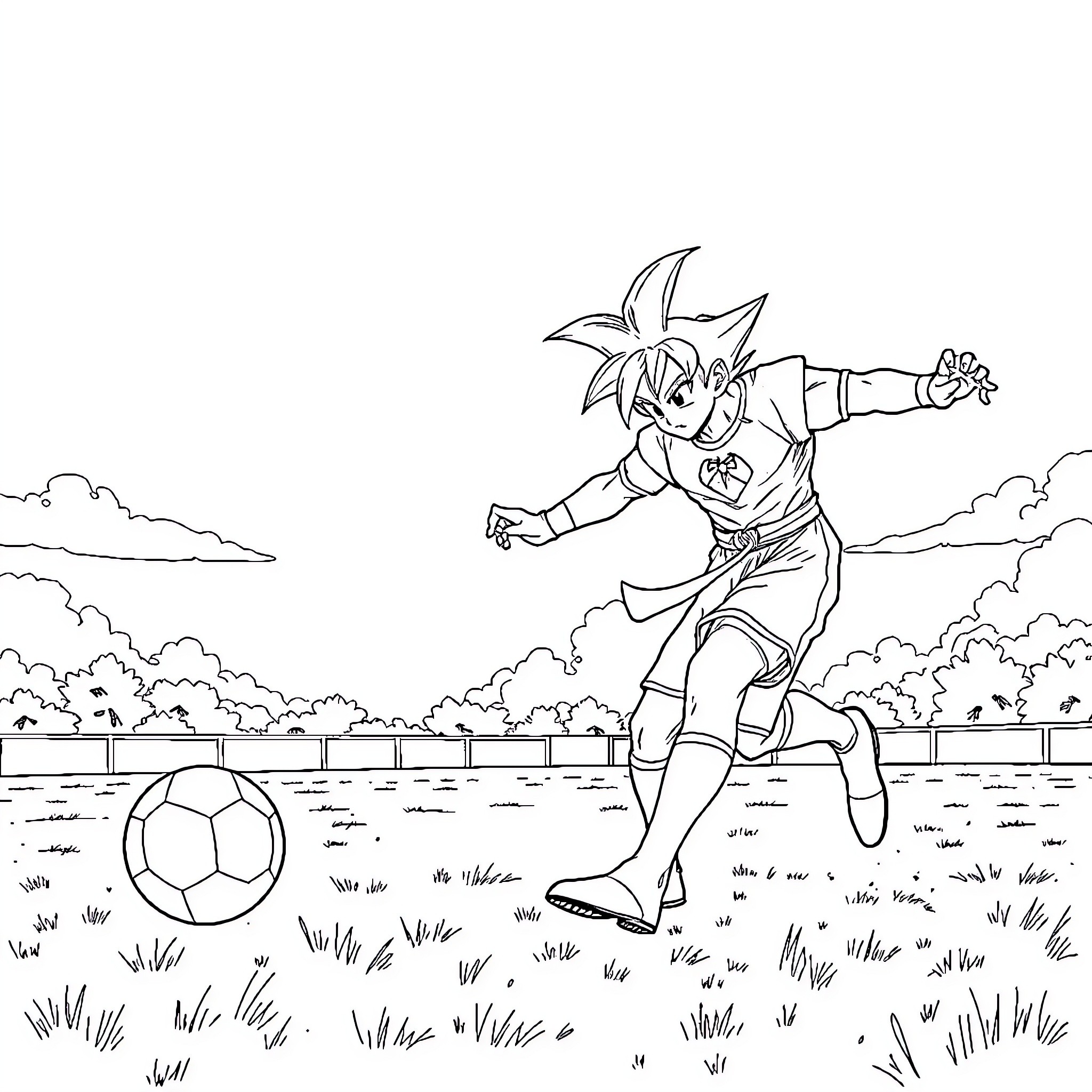 Spider-Man playing soccer in the park Coloring Page (free black-and-white line drawing printable PDF for all, from beginners to advanced learners, including children, teens, adults, and seniors)