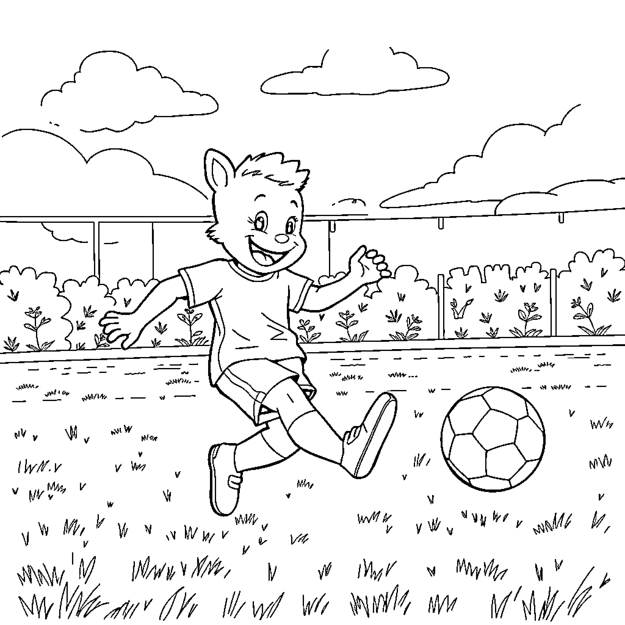 Bluey playing with a soccer ball in the park Coloring Page (free black-and-white line drawing printable PDF for all, from beginners to advanced learners, including children, teens, adults, and seniors)