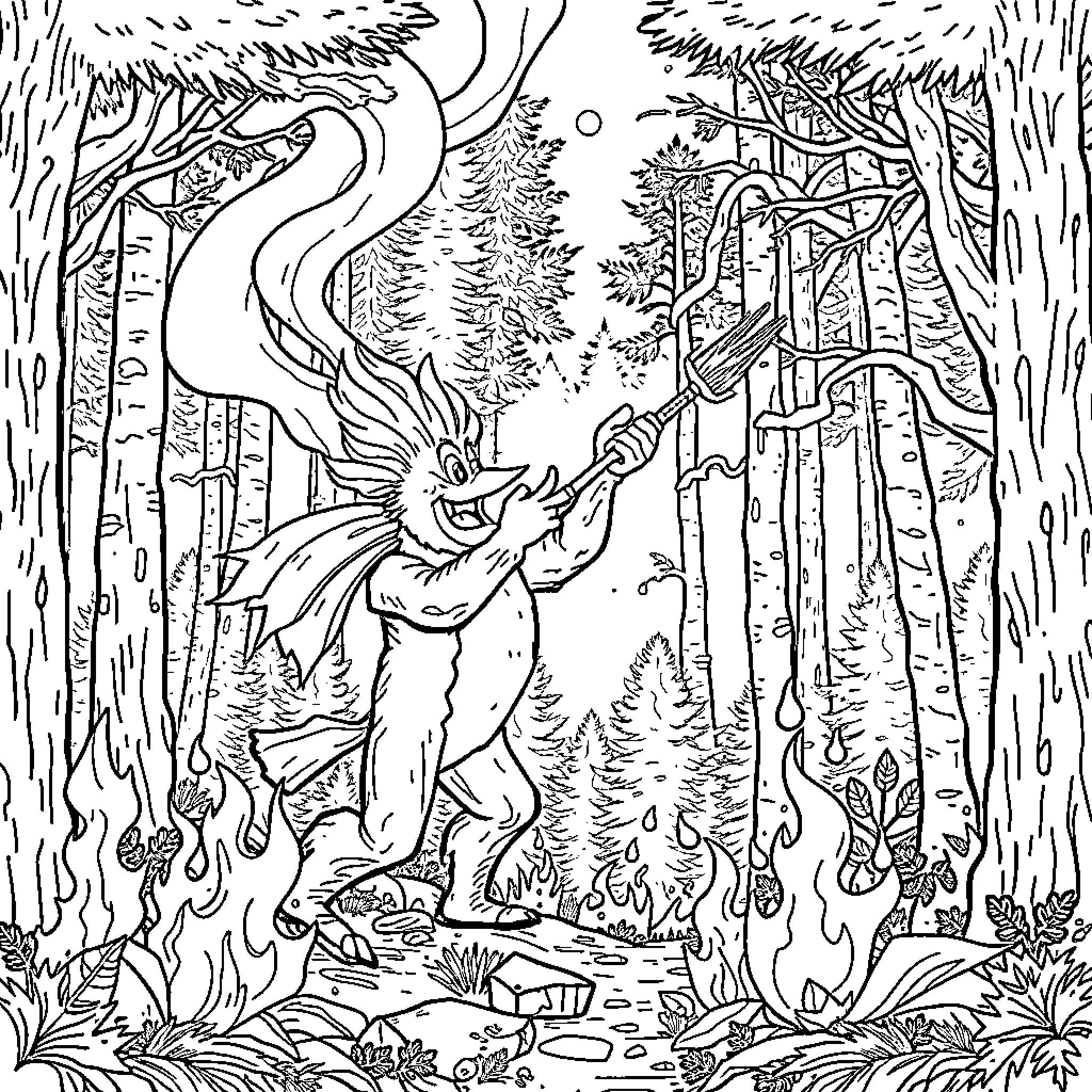 Firefighter battles raging forest fire with hose Coloring Page (free black-and-white line drawing printable PDF for all, from beginners to advanced learners, including children, teens, adults, and seniors)
