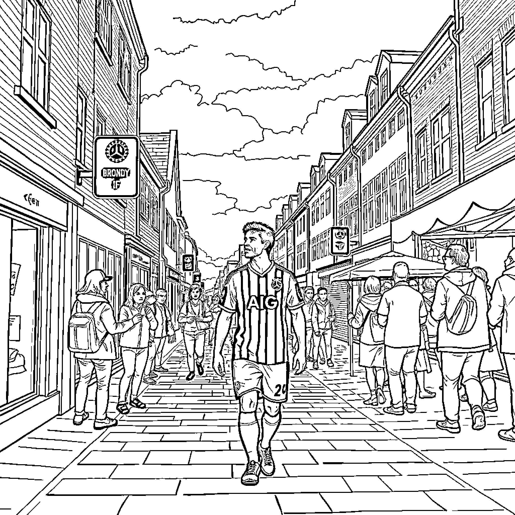 Player walks through busy city street Coloring Page (free black-and-white line drawing printable PDF for all, from beginners to advanced learners, including children, teens, adults, and seniors)