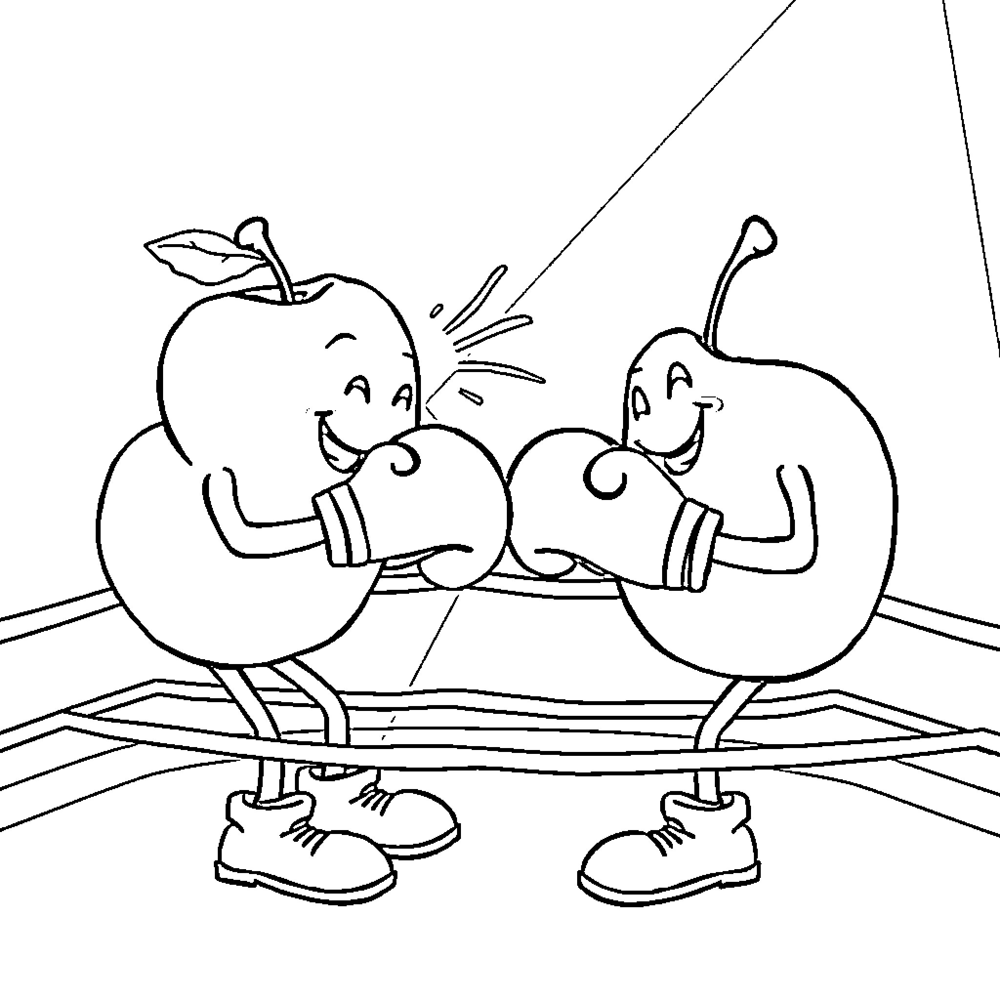 Apple friends sharing a happy moment Coloring Page (free black-and-white line drawing printable PDF for all, from beginners to advanced learners, including children, teens, adults, and seniors)