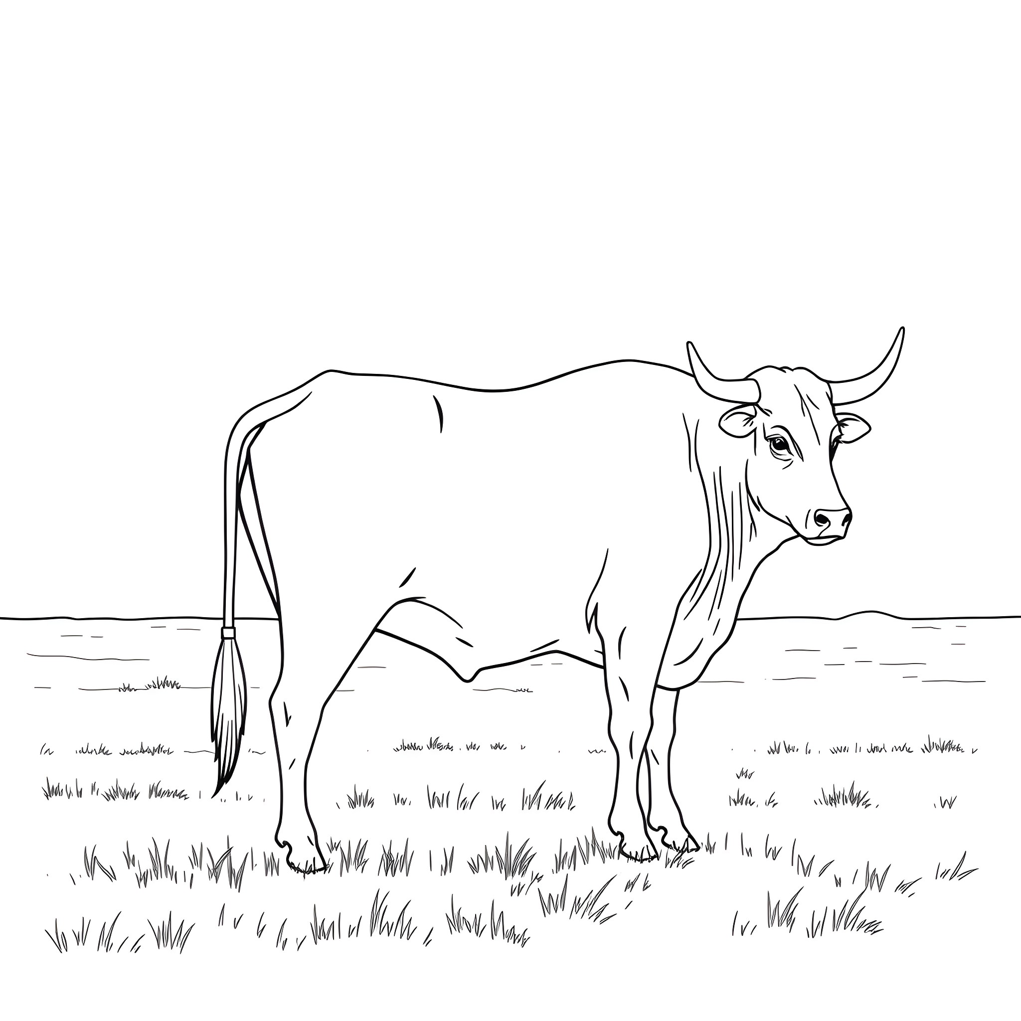Ox standing solemnly in the grassy field Coloring Page (free black-and-white line drawing printable PDF for all, from beginners to advanced learners, including children, teens, adults, and seniors)