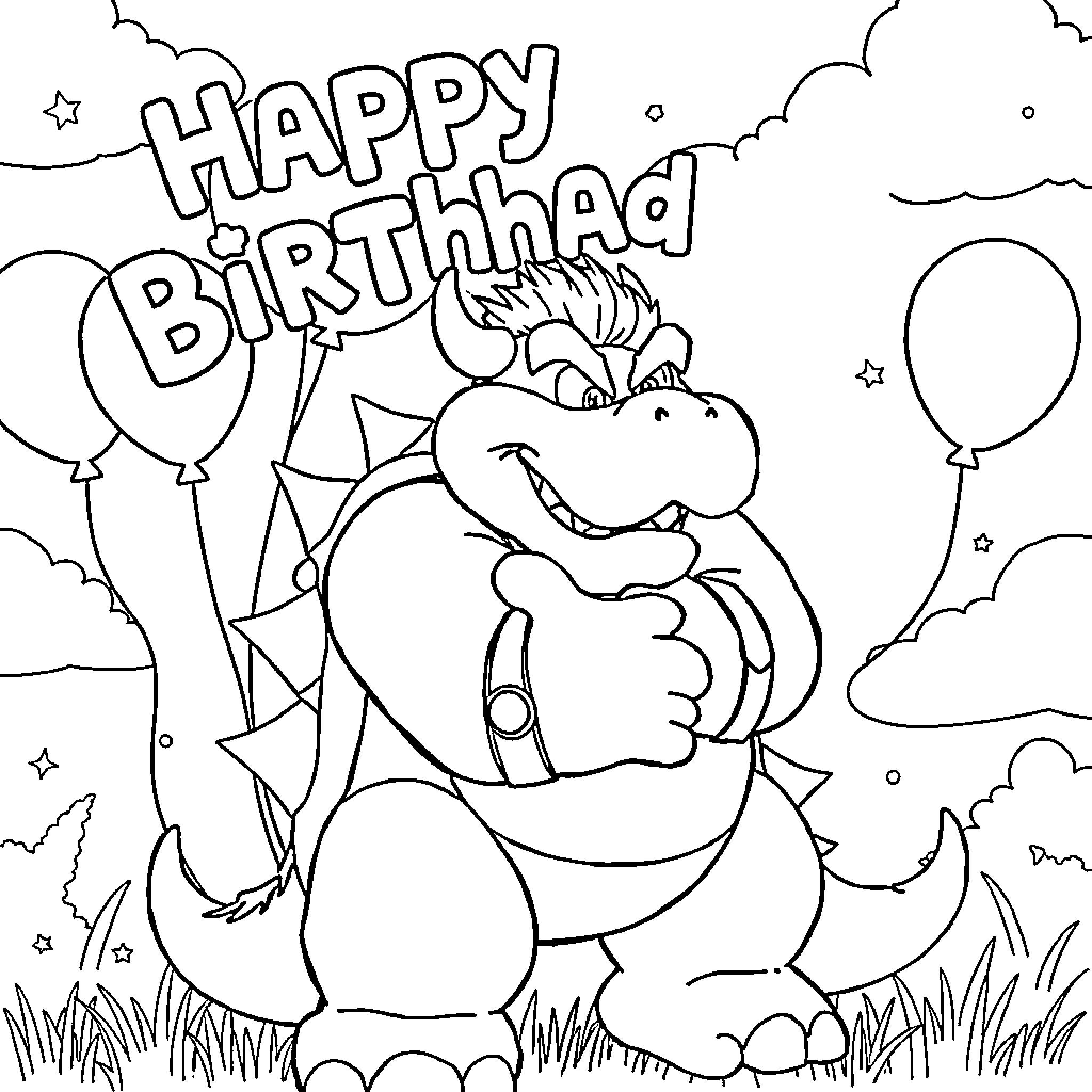 Bowser celebrates a happy birthday with balloons Coloring Page (free black-and-white line drawing printable PDF for all, from beginners to advanced learners, including children, teens, adults, and seniors)