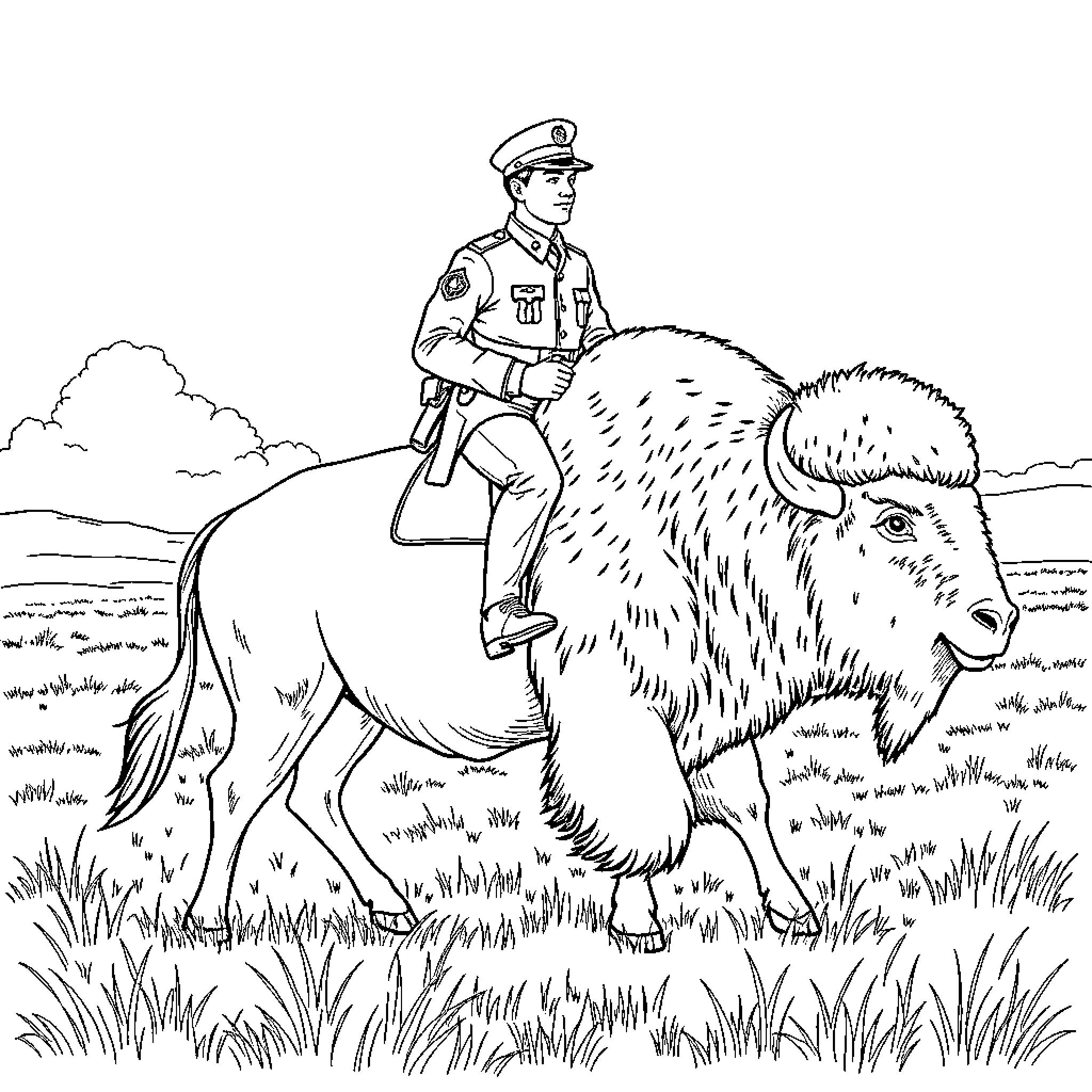 Bison and officer patrolling the grasslands Coloring Page (free black-and-white line drawing printable PDF for all, from beginners to advanced learners, including children, teens, adults, and seniors)
