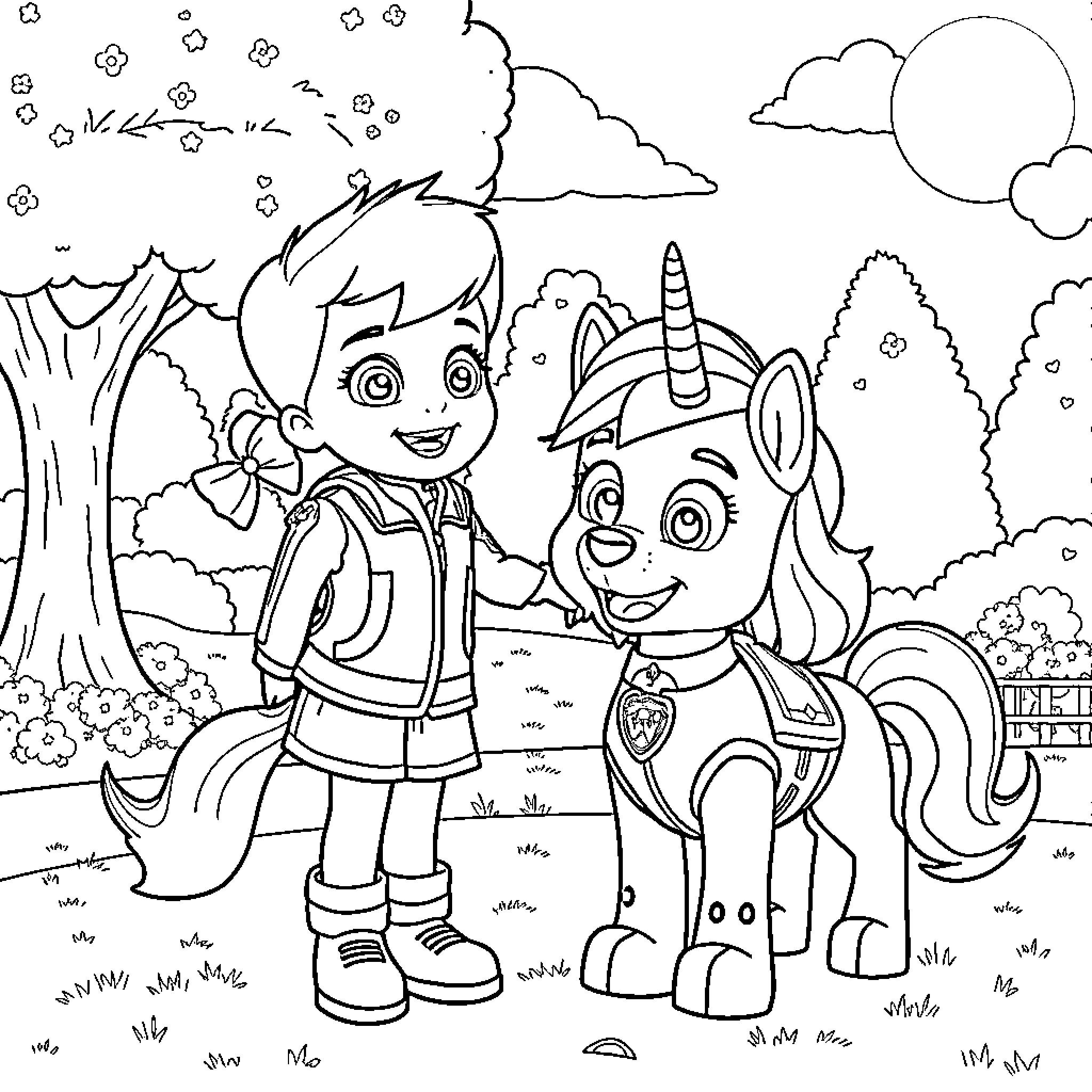Paw Patrol characters playing in the park Coloring Page (free black-and-white line drawing printable PDF for all, from beginners to advanced learners, including children, teens, adults, and seniors)
