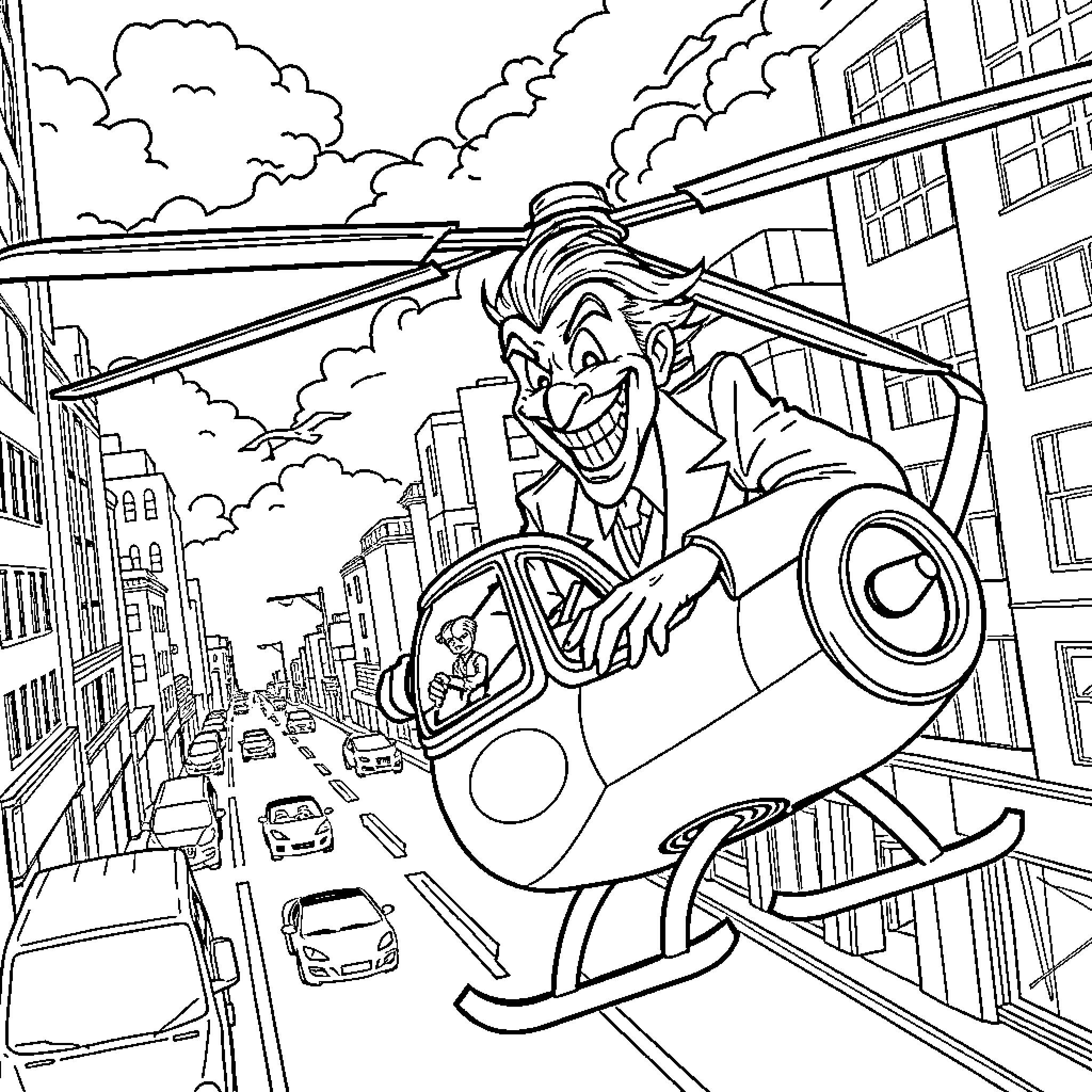 Joker Causing Havoc in the City Coloring Page (free black-and-white line drawing printable PDF for all, from beginners to advanced learners, including children, teens, adults, and seniors)