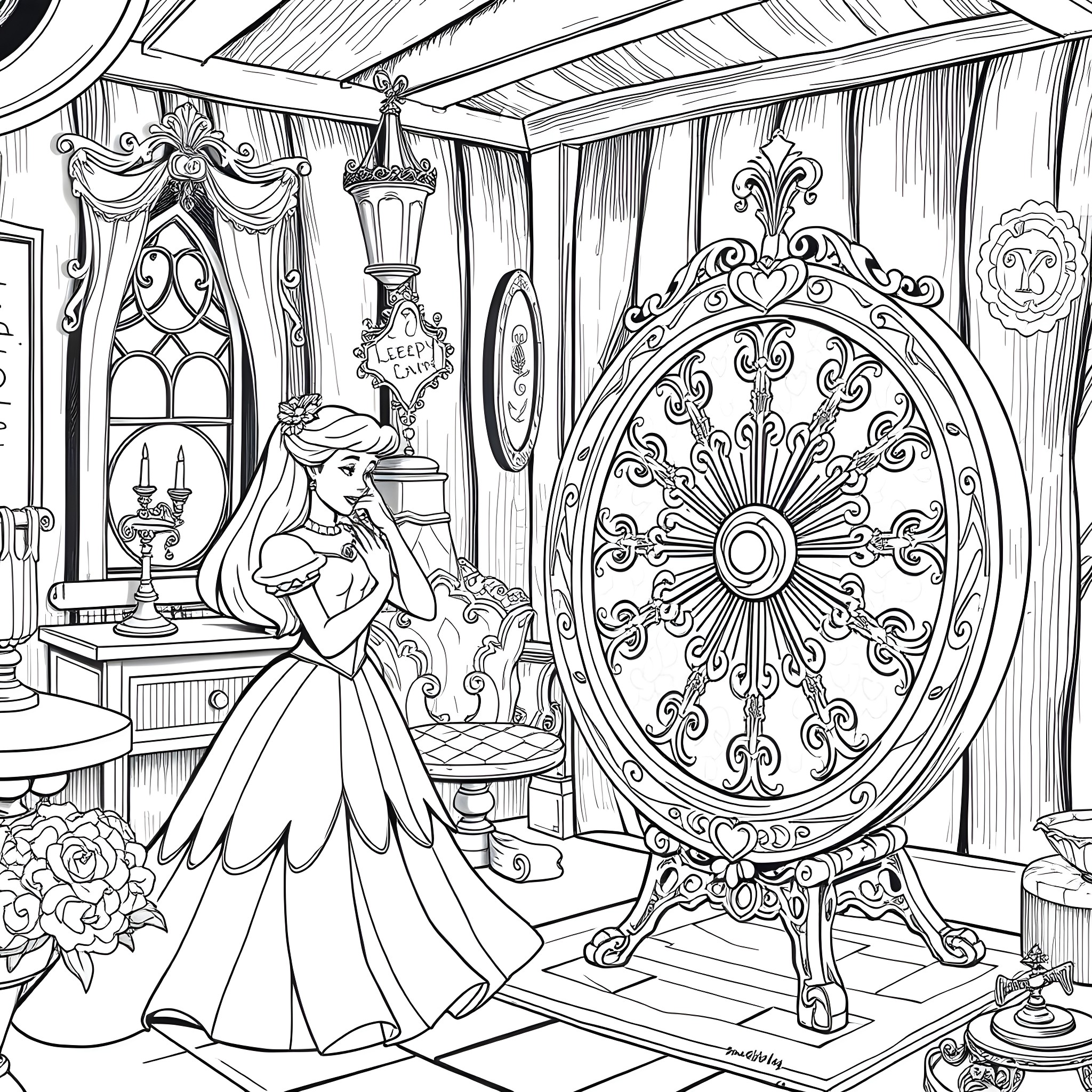 Sleeping Beauty admiring herself in a magnificent mirror Coloring Page (free black-and-white line drawing printable PDF for all, from beginners to advanced learners, including children, teens, adults, and seniors)