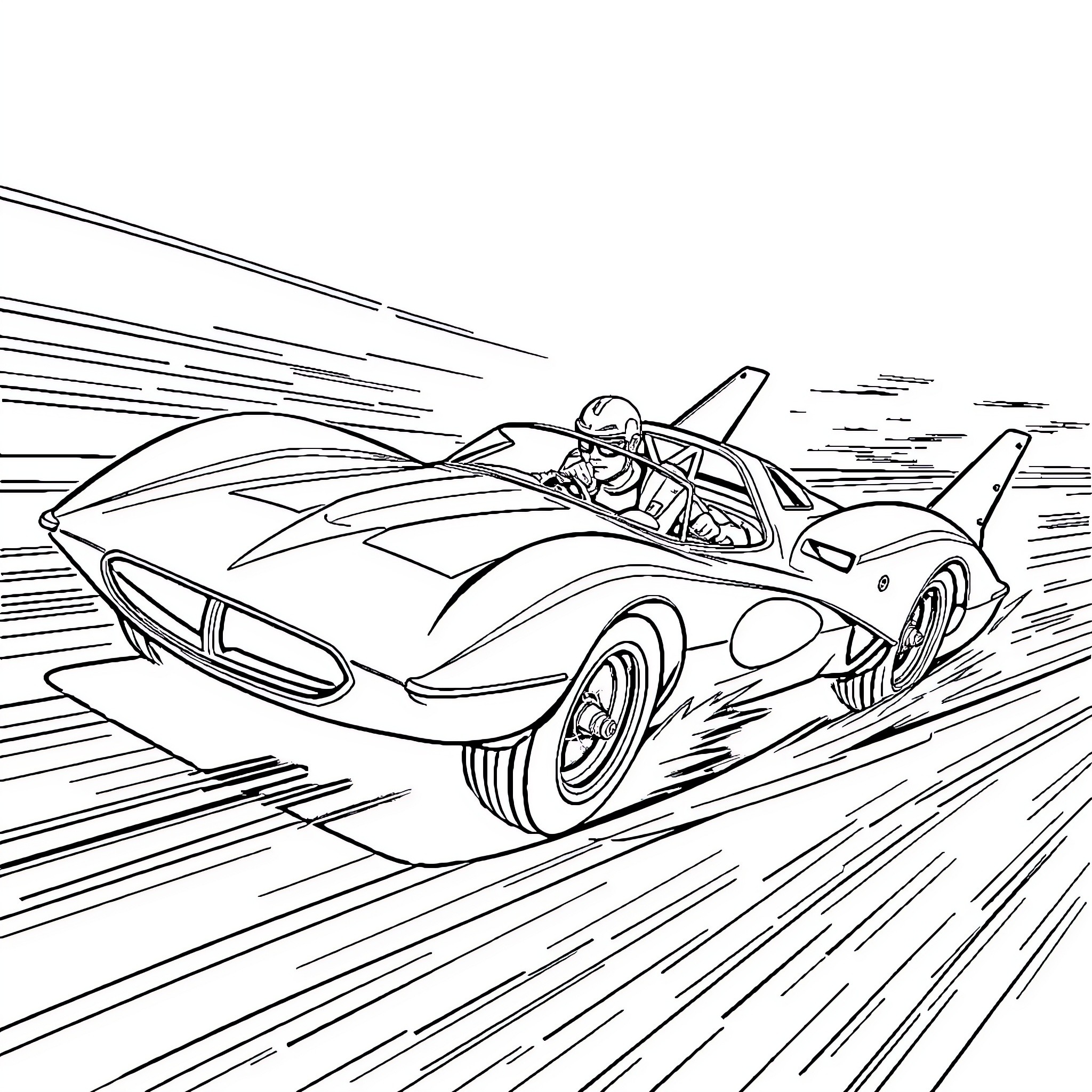 Speed Racer's thrilling race in futuristic vehicle Coloring Page (free black-and-white line drawing printable PDF for all, from beginners to advanced learners, including children, teens, adults, and seniors)