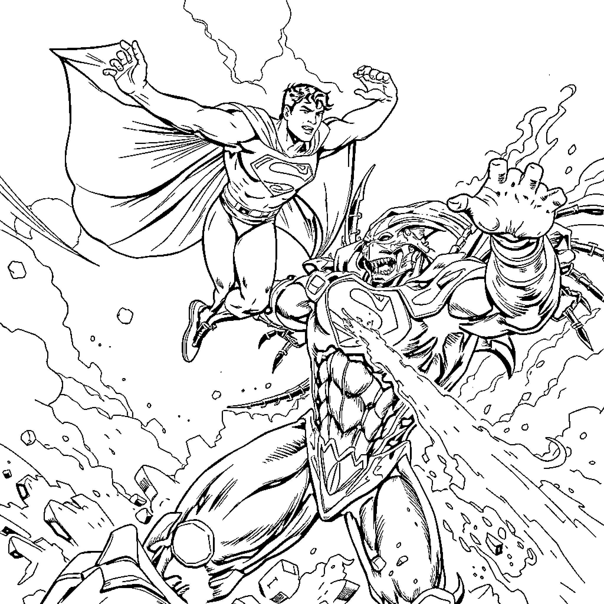 Superman battles monstrous villain in dramatic scene Coloring Page (free black-and-white line drawing printable PDF for all, from beginners to advanced learners, including children, teens, adults, and seniors)