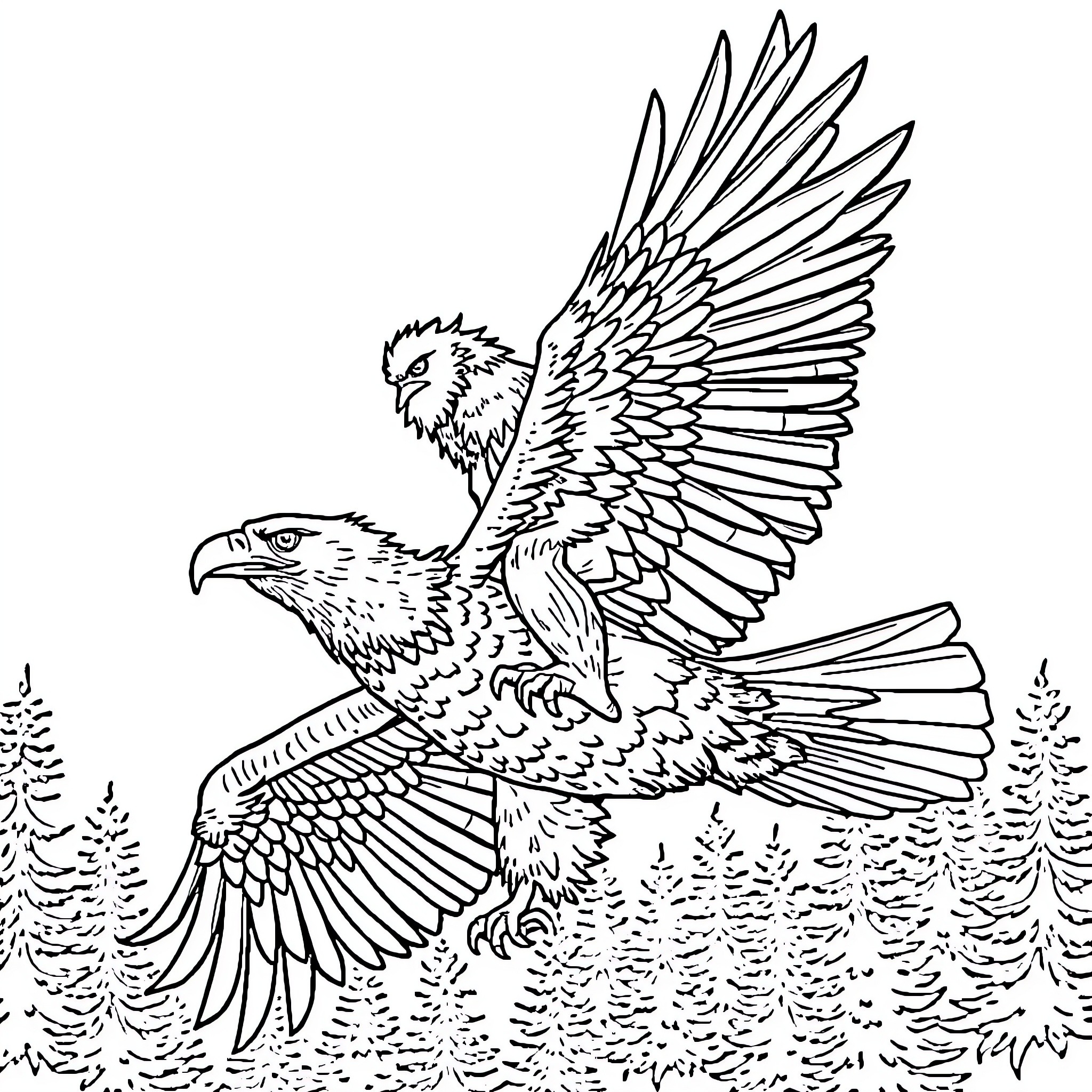 Sasquatch eagles soaring gracefully in the forest Coloring Page (free black-and-white line drawing printable PDF for all, from beginners to advanced learners, including children, teens, adults, and seniors)