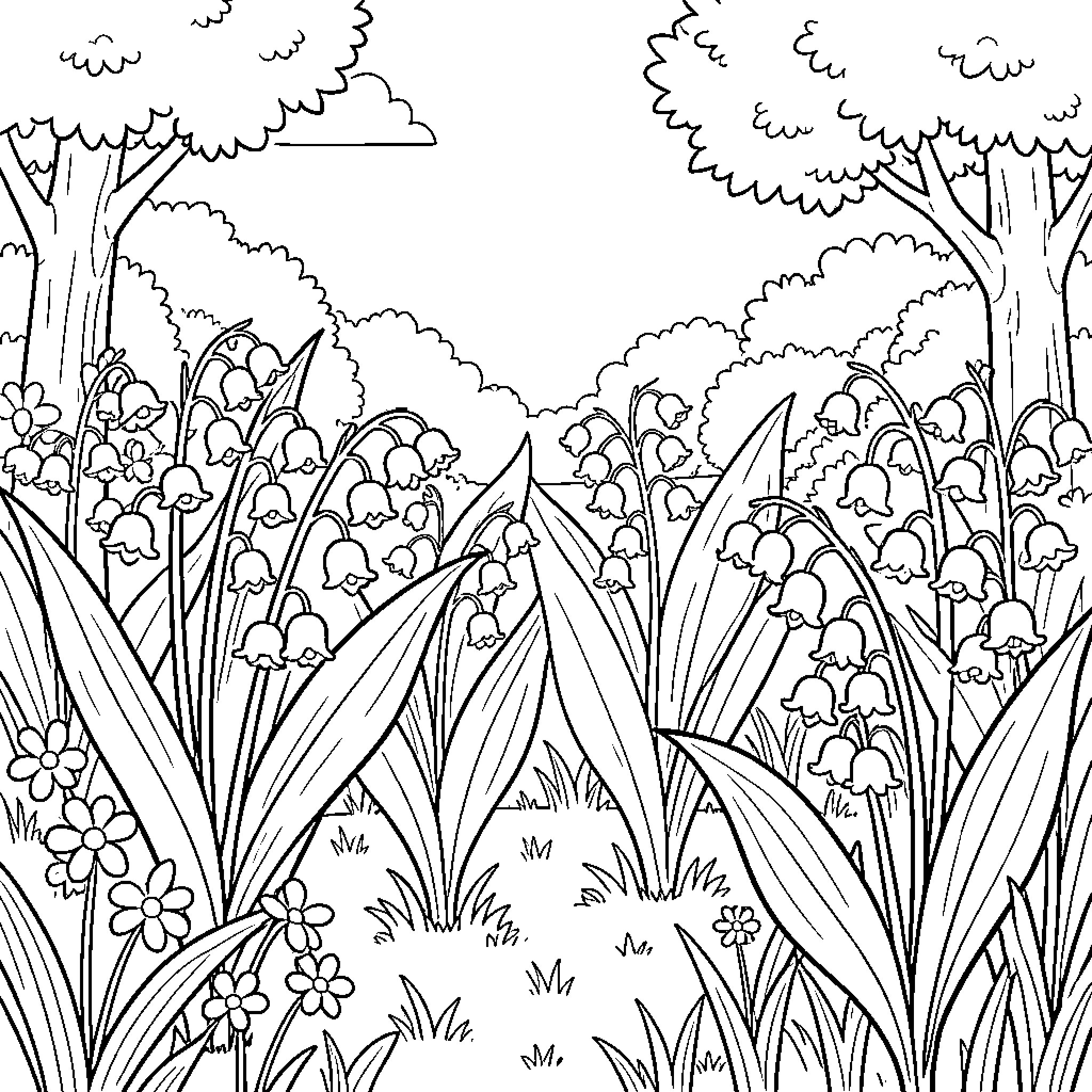 Lily's Enchanting Forest Landscape Coloring Page (free black-and-white line drawing printable PDF for all, from beginners to advanced learners, including children, teens, adults, and seniors)