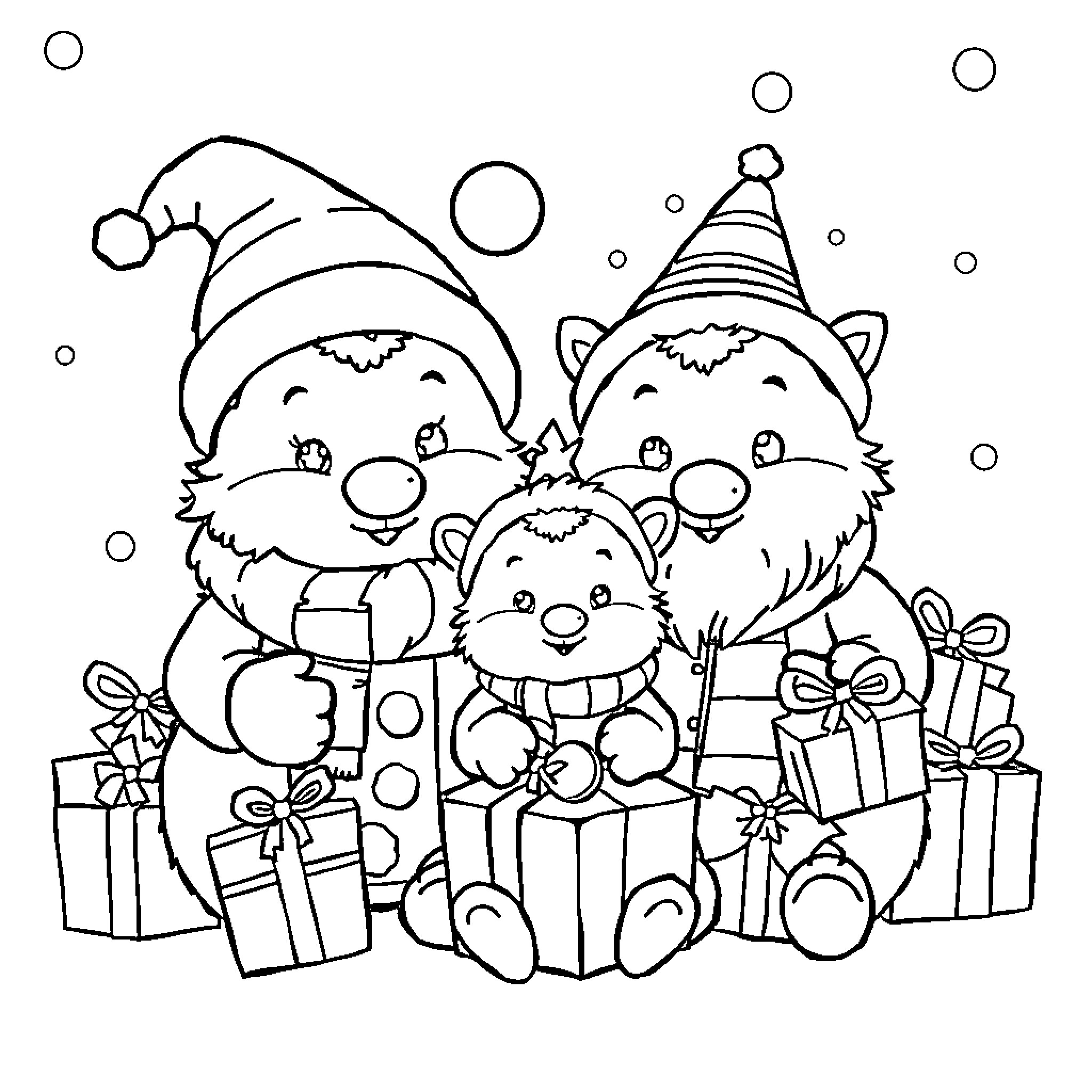 Reno Cartoon Animals with Gifts and Decorations Coloring Page (free black-and-white line drawing printable PDF for all, from beginners to advanced learners, including children, teens, adults, and seniors)