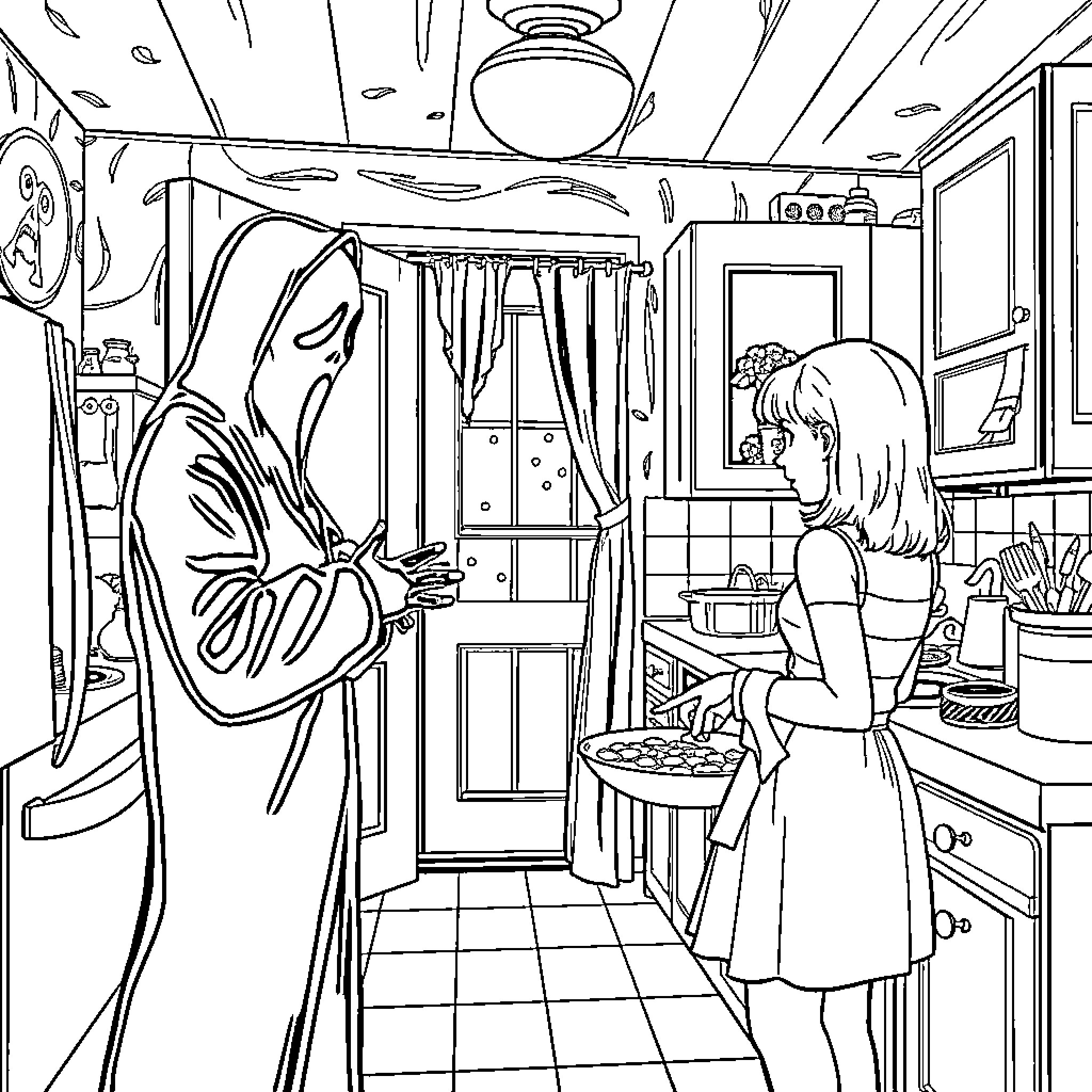 Ghostface encounter in a cozy kitchen Coloring Page (free black-and-white line drawing printable PDF for all, from beginners to advanced learners, including children, teens, adults, and seniors)