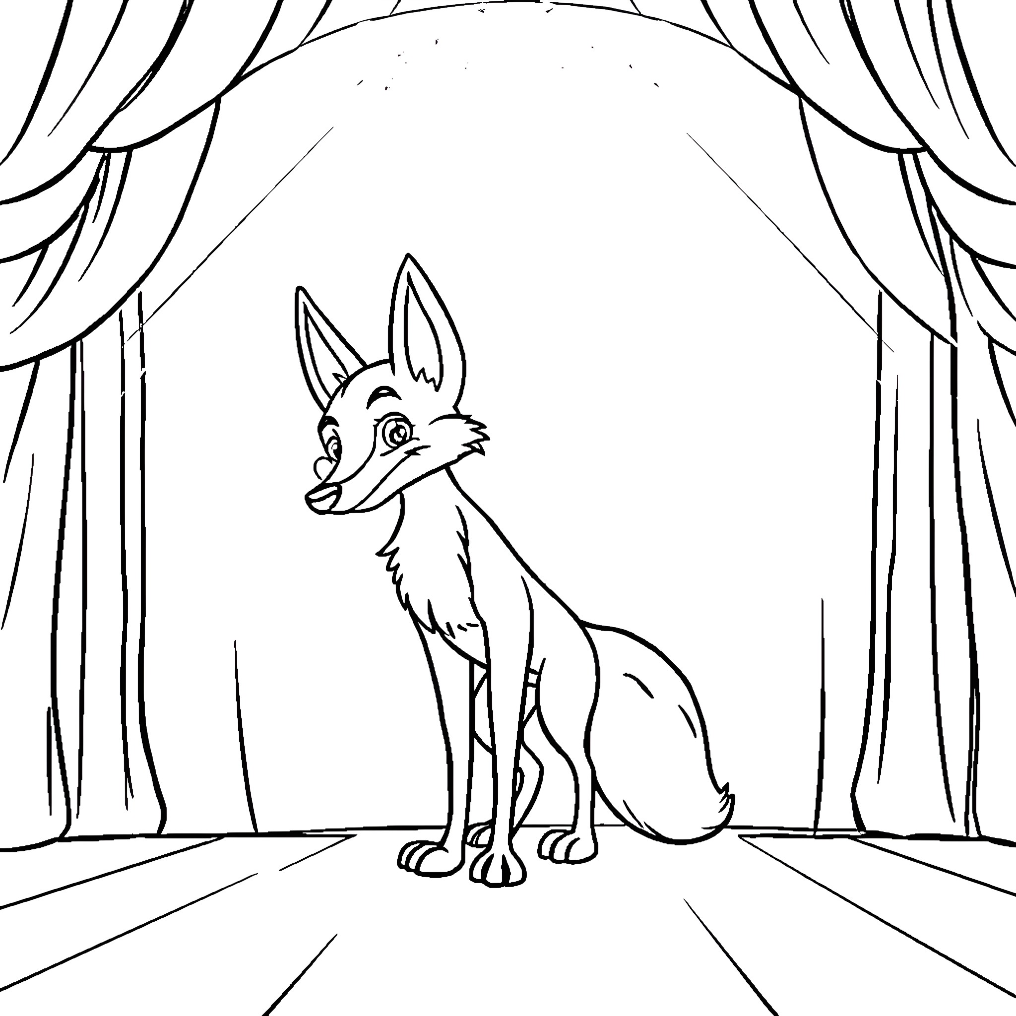 Fox performing on stage with curtains Coloring Page (free black-and-white line drawing printable PDF for all, from beginners to advanced learners, including children, teens, adults, and seniors)