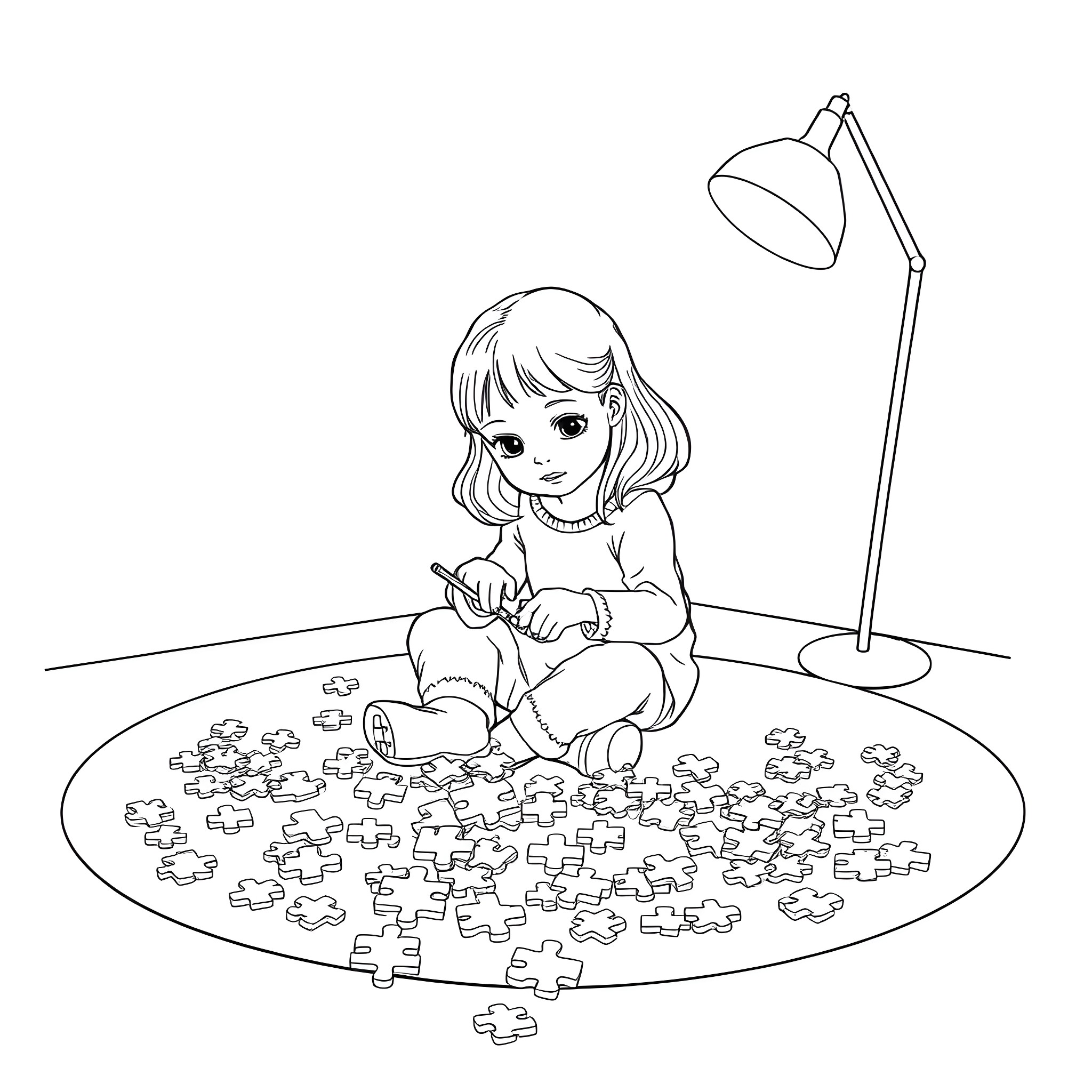 Girl solving puzzle pieces on the floor Coloring Page (free black-and-white line drawing printable PDF for all, from beginners to advanced learners, including children, teens, adults, and seniors)