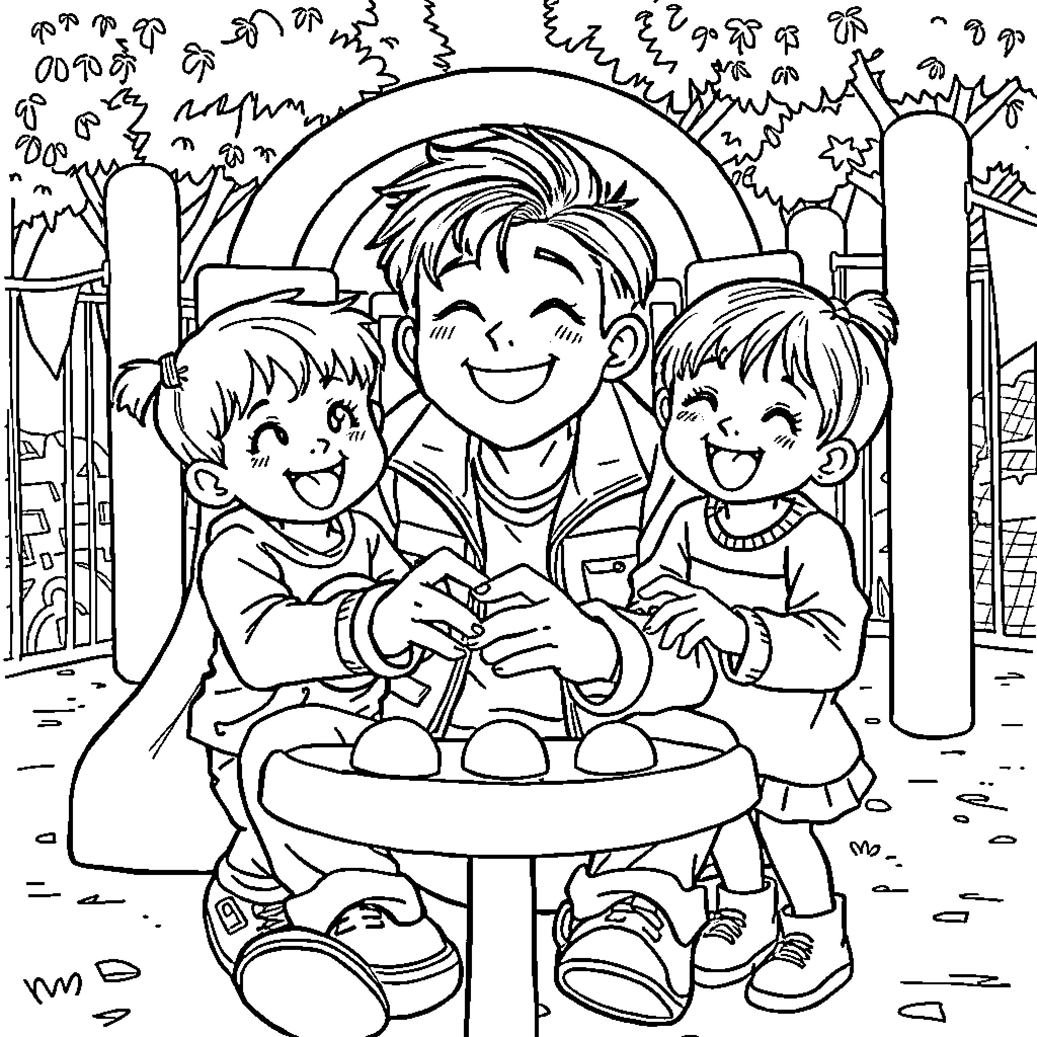 Kpop Artist Bonding with Young Fans in Nature Coloring Page (free black-and-white line drawing printable PDF for all, from beginners to advanced learners, including children, teens, adults, and seniors)