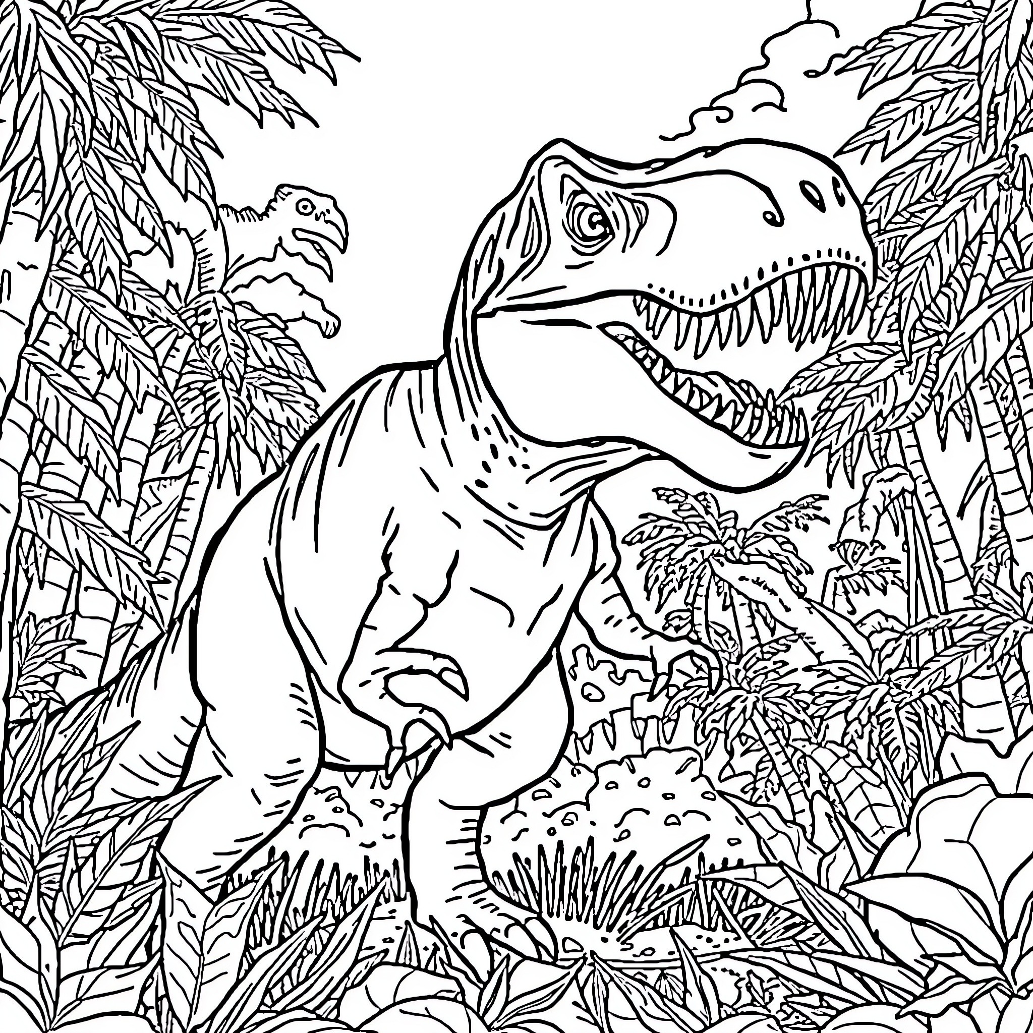 Tyrannosaurus Rex roaring in a dense jungle Coloring Page (free black-and-white line drawing printable PDF for all, from beginners to advanced learners, including children, teens, adults, and seniors)