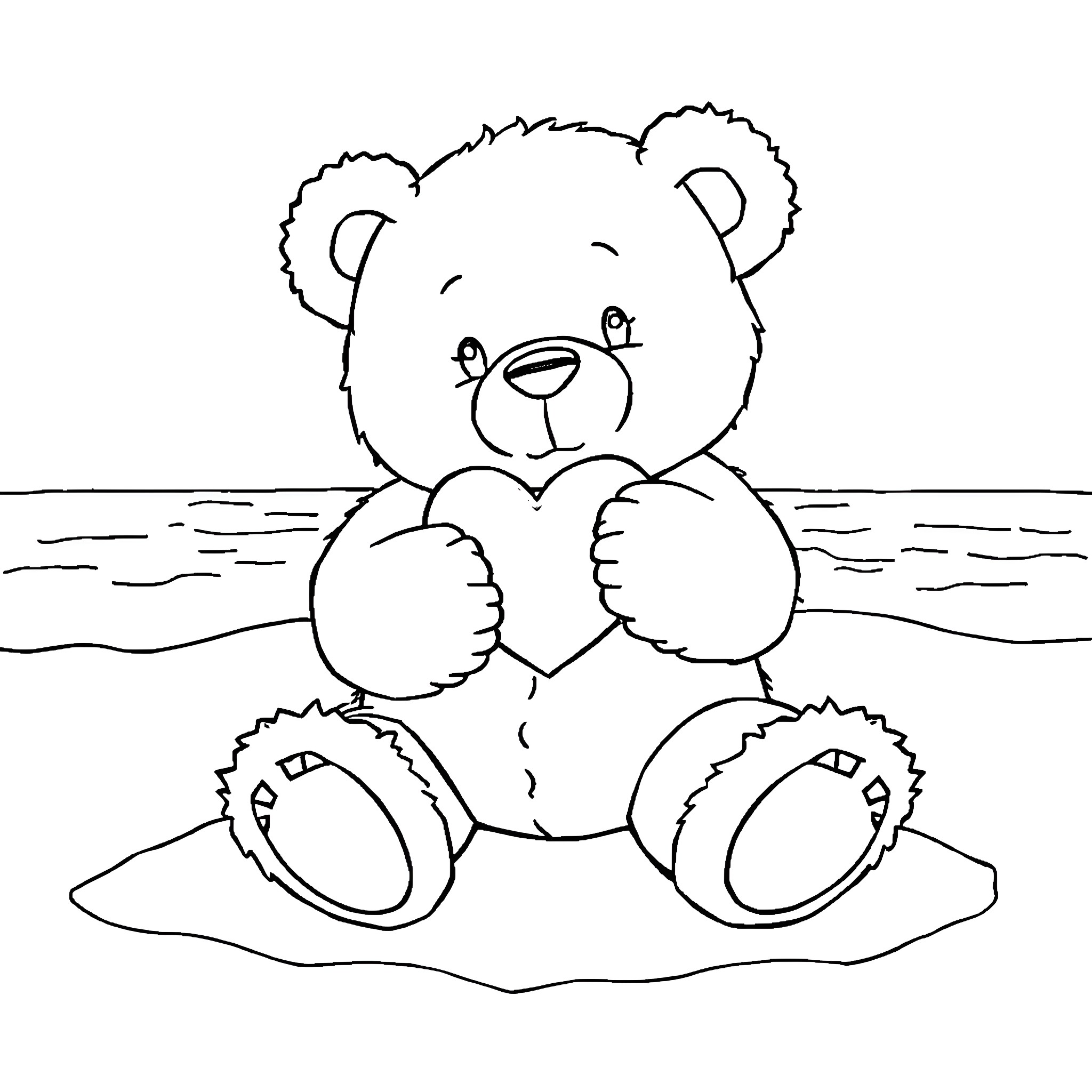 Teddy Bear Embracing its Heart on the Beach Coloring Page (free black-and-white line drawing printable PDF for all, from beginners to advanced learners, including children, teens, adults, and seniors)