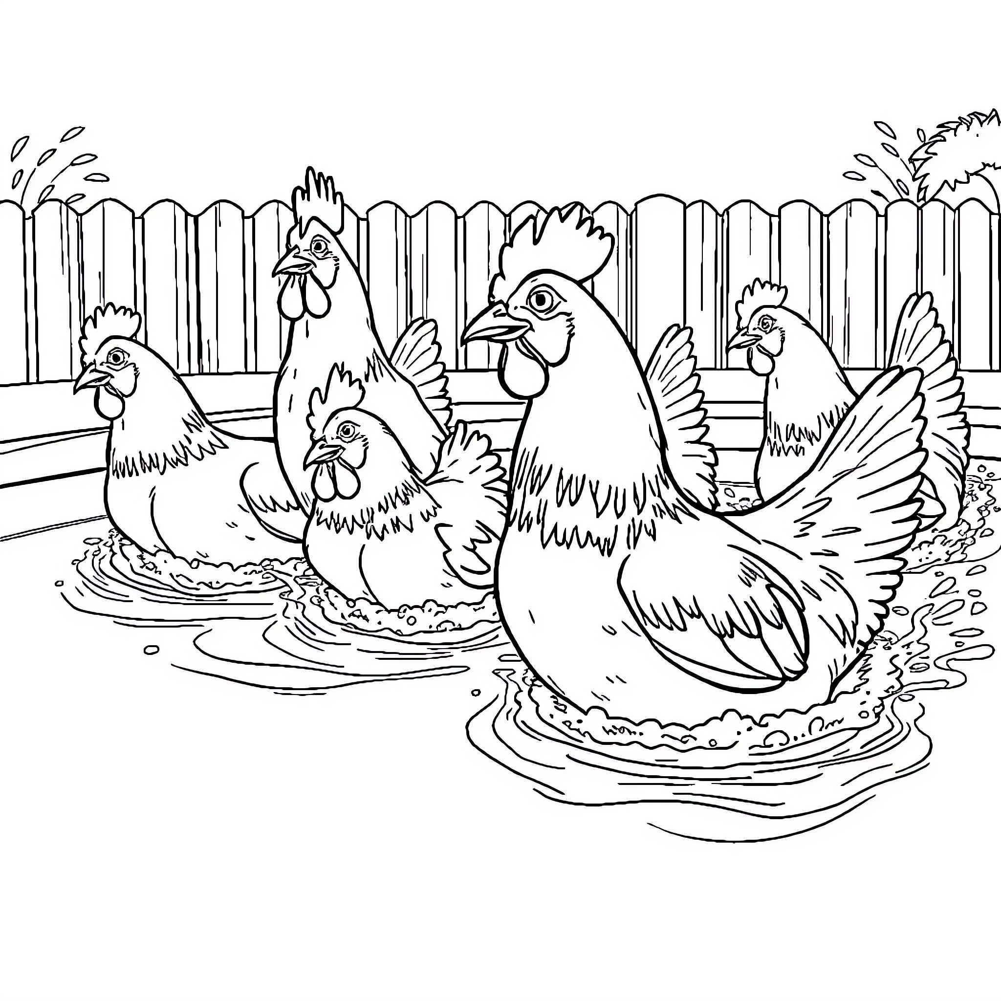 Chicken family in the farmyard Coloring Page (free black-and-white line drawing printable PDF for all, from beginners to advanced learners, including children, teens, adults, and seniors)