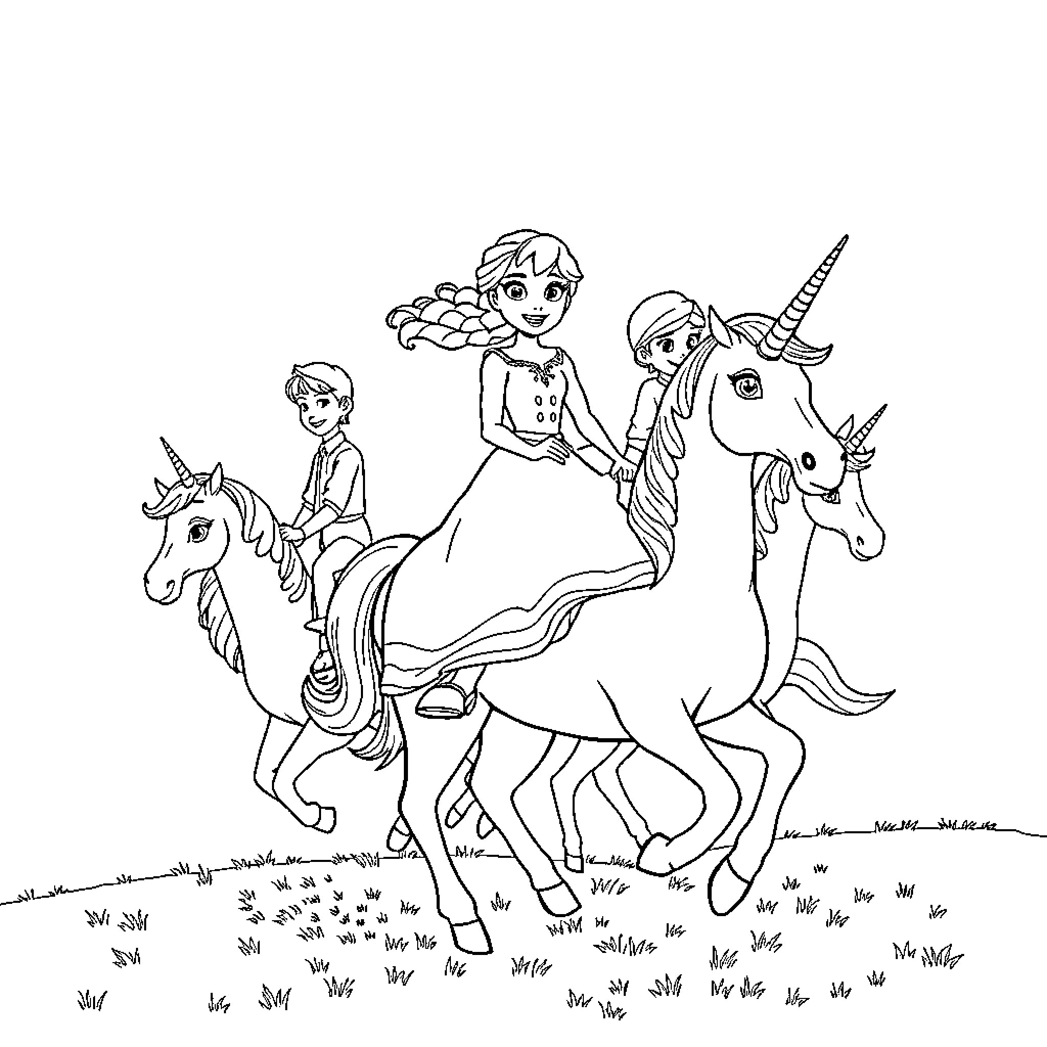 Unicorn ride with children in a magical setting Coloring Page (free black-and-white line drawing printable PDF for all, from beginners to advanced learners, including children, teens, adults, and seniors)