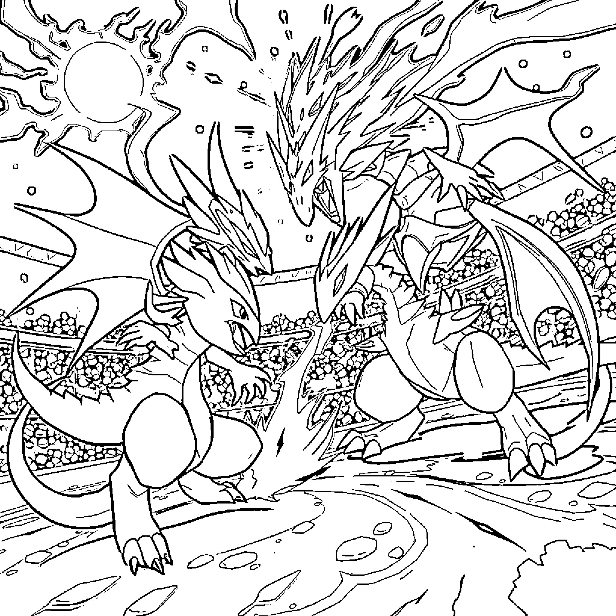 Pokémon dragons battling in an epic landscape Coloring Page (free black-and-white line drawing printable PDF for all, from beginners to advanced learners, including children, teens, adults, and seniors)