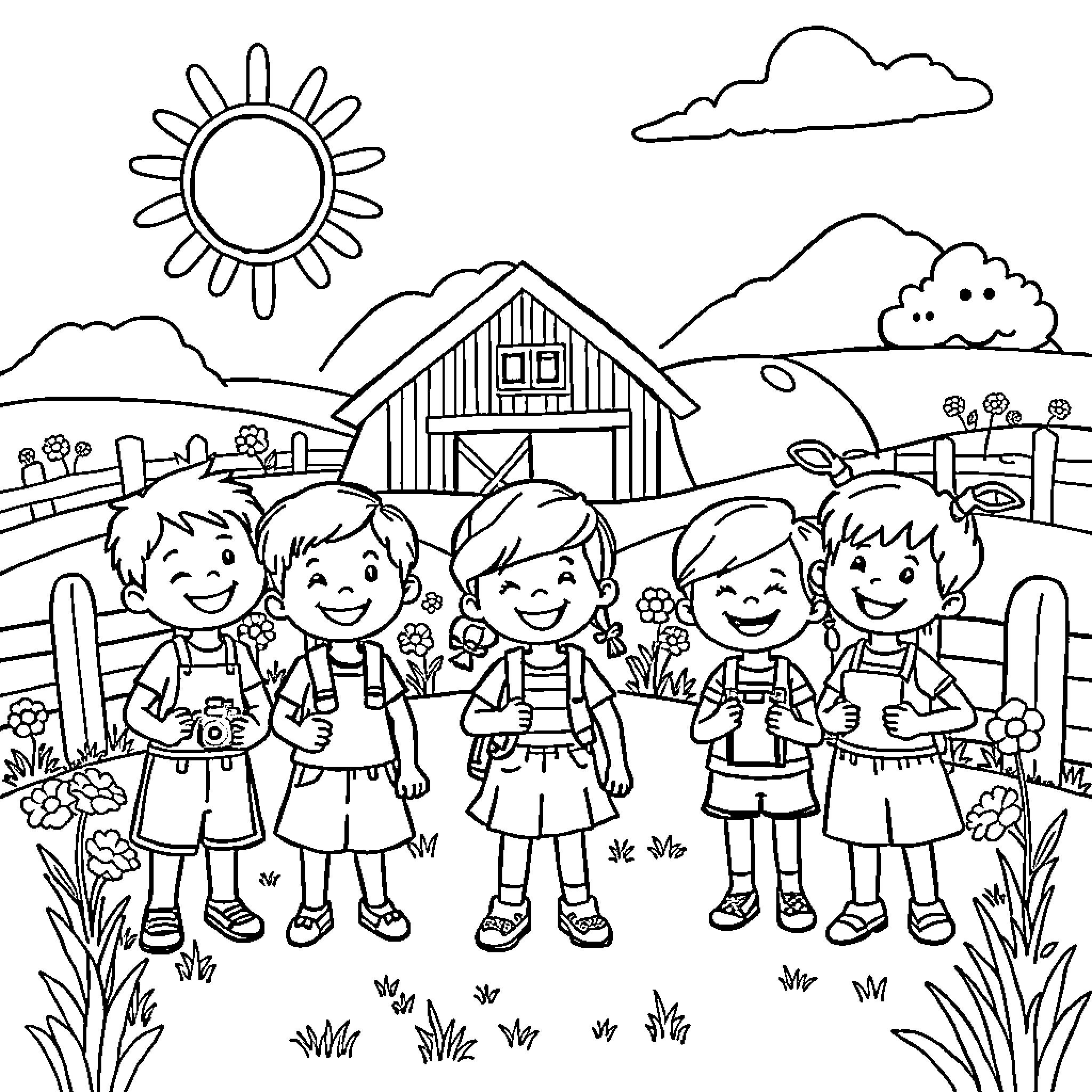 Kid friends having fun at the farm Coloring Page (free black-and-white line drawing printable PDF for all, from beginners to advanced learners, including children, teens, adults, and seniors)