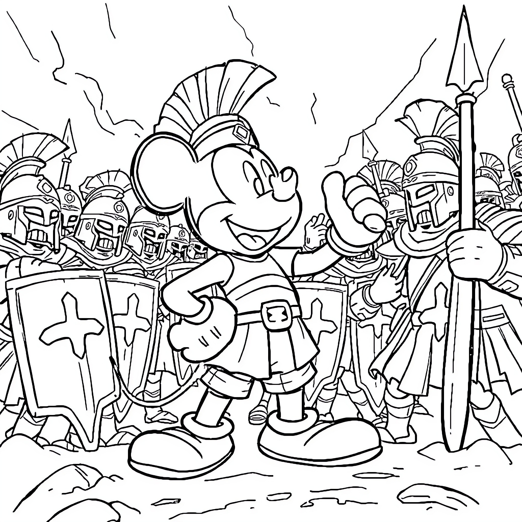 Mickey Mouse leading ancient Roman soldiers Coloring Page (free black-and-white line drawing printable PDF for all, from beginners to advanced learners, including children, teens, adults, and seniors)