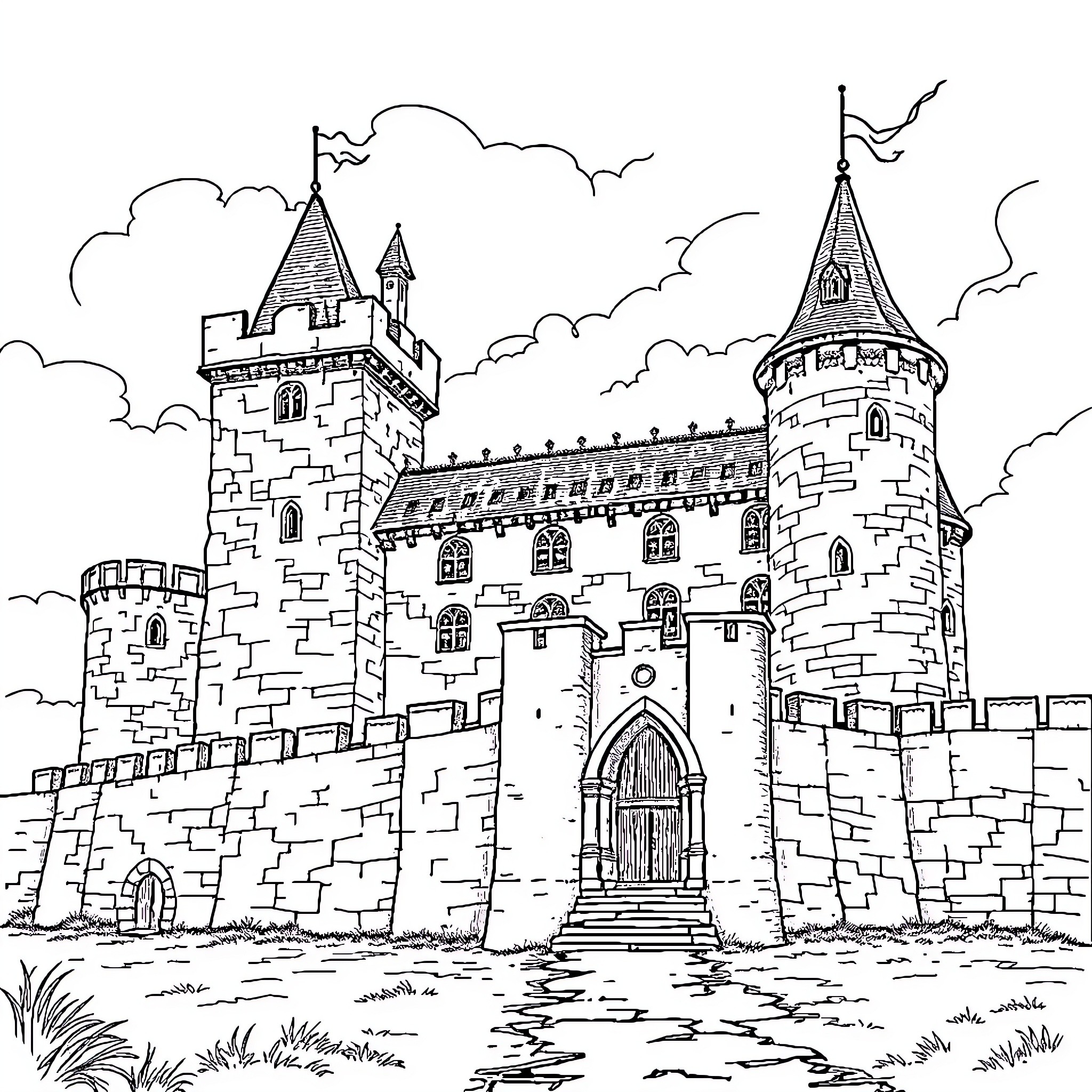 Prison-like medieval castle with fortified walls and towers Coloring Page (free black-and-white line drawing printable PDF for all, from beginners to advanced learners, including children, teens, adults, and seniors)