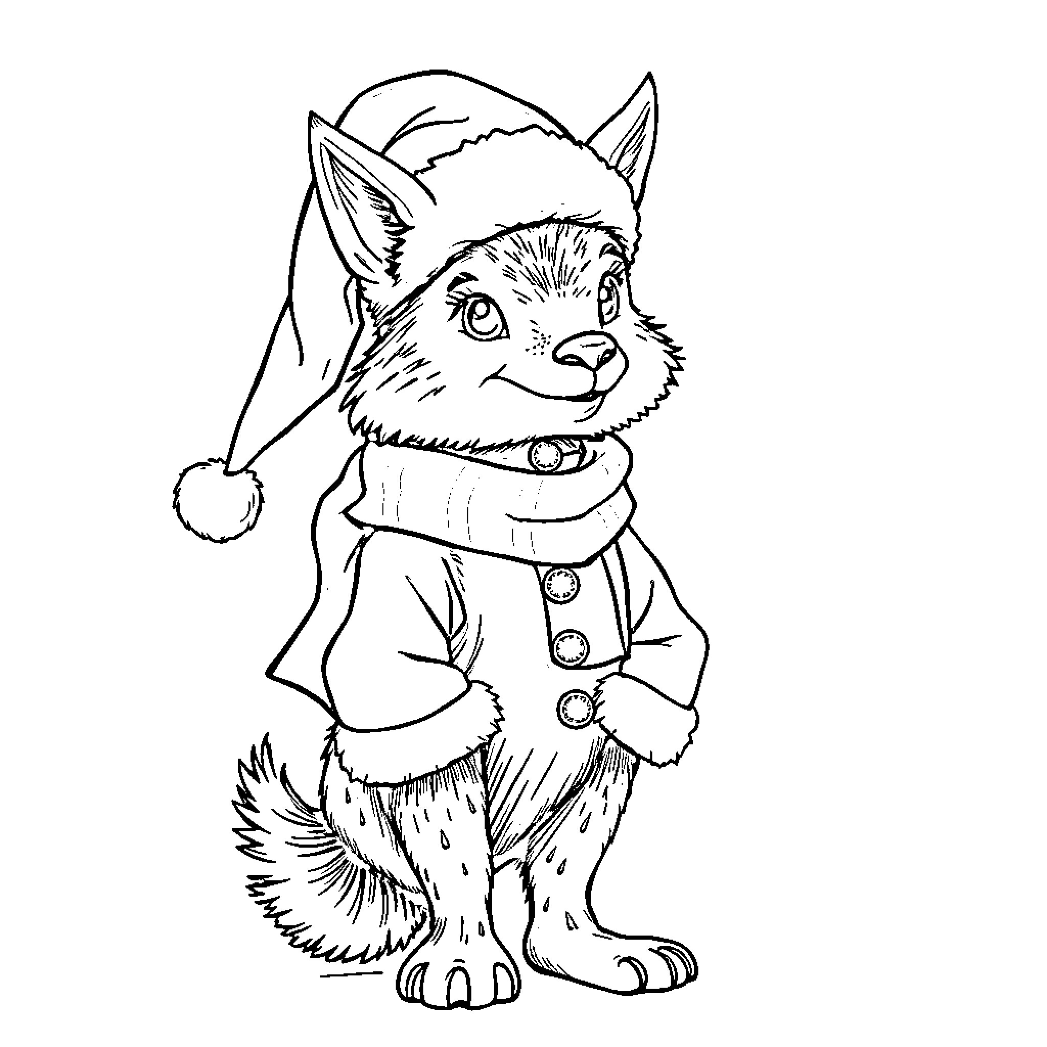 Huntix Wearing Winter Outfit Coloring Page (free black-and-white line drawing printable PDF for all, from beginners to advanced learners, including children, teens, adults, and seniors)