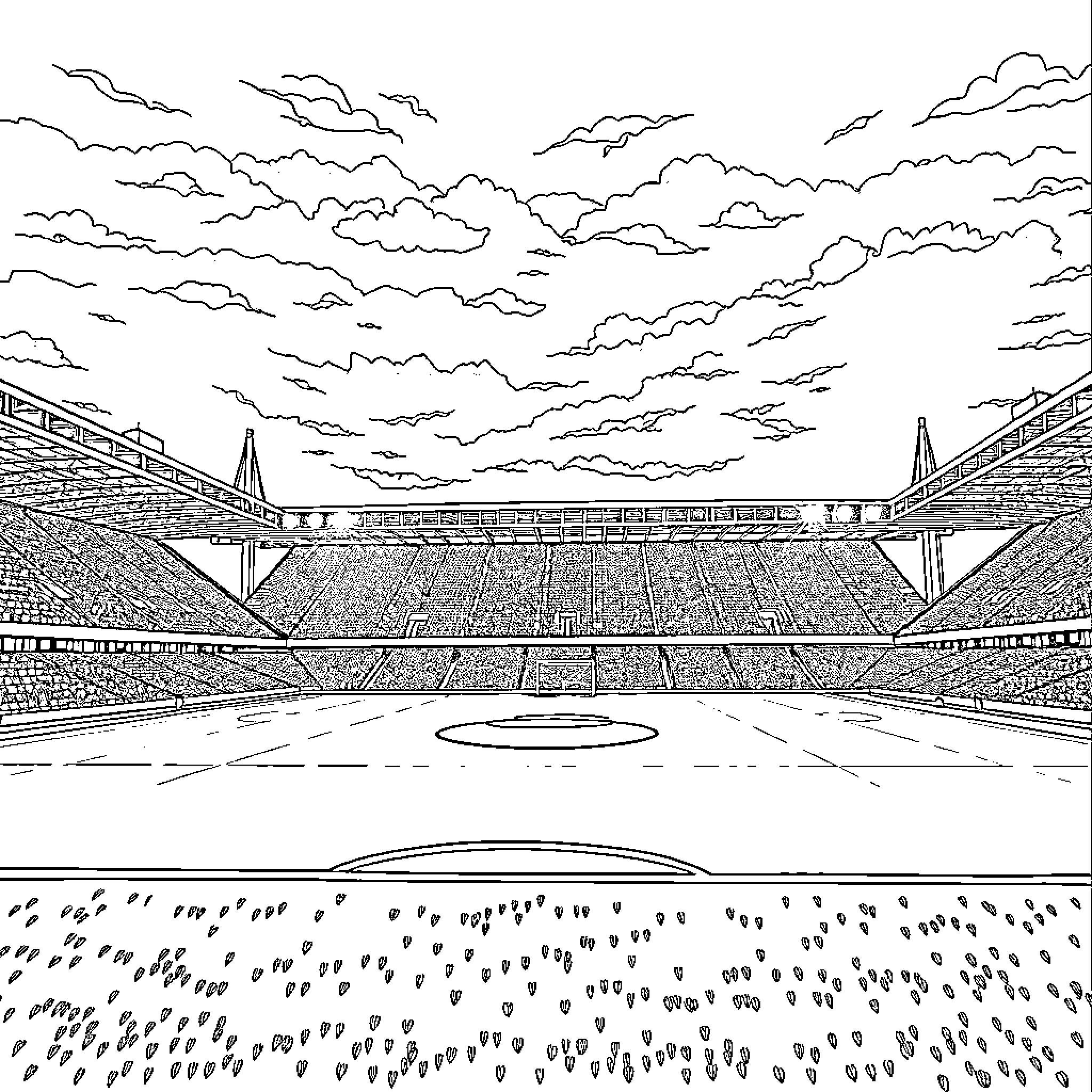 Stadium Filled with Fans Enjoying the Game Coloring Page (free black-and-white line drawing printable PDF for all, from beginners to advanced learners, including children, teens, adults, and seniors)