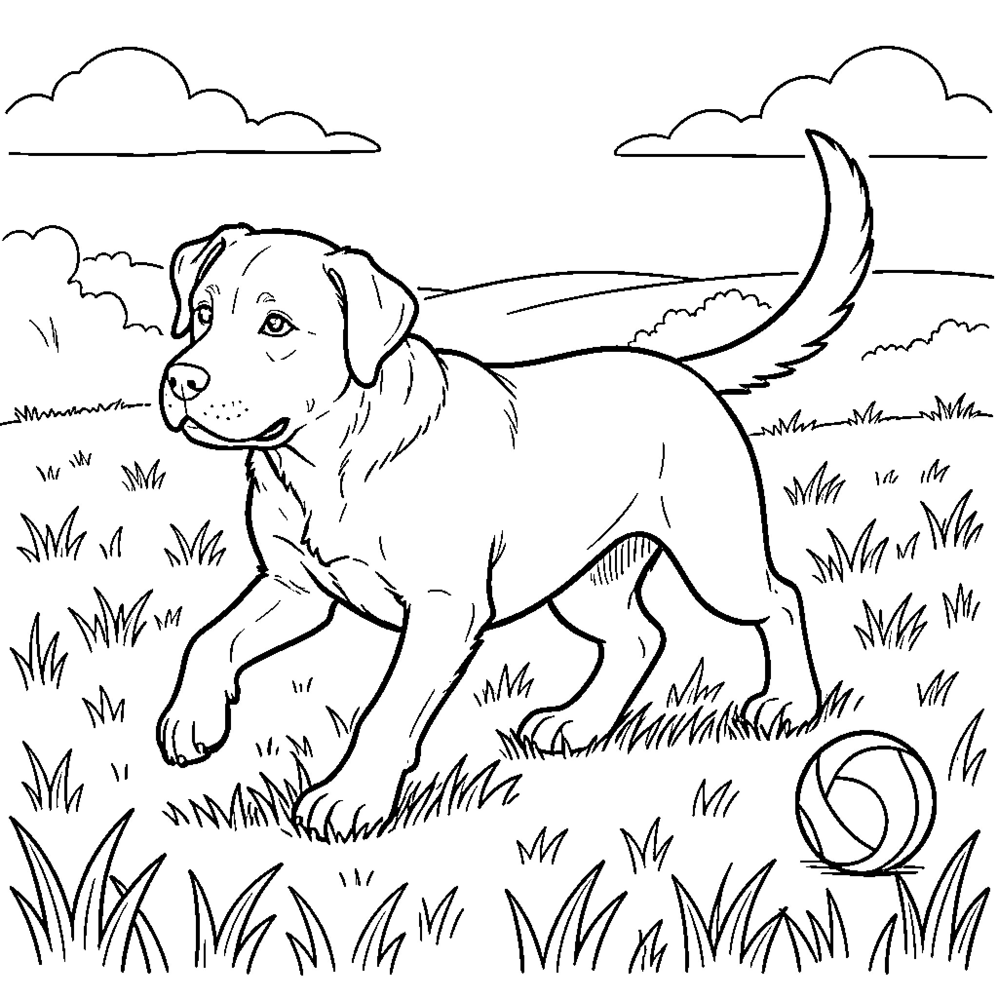 Labrador playing joyfully in the grassy field Coloring Page (free black-and-white line drawing printable PDF for all, from beginners to advanced learners, including children, teens, adults, and seniors)