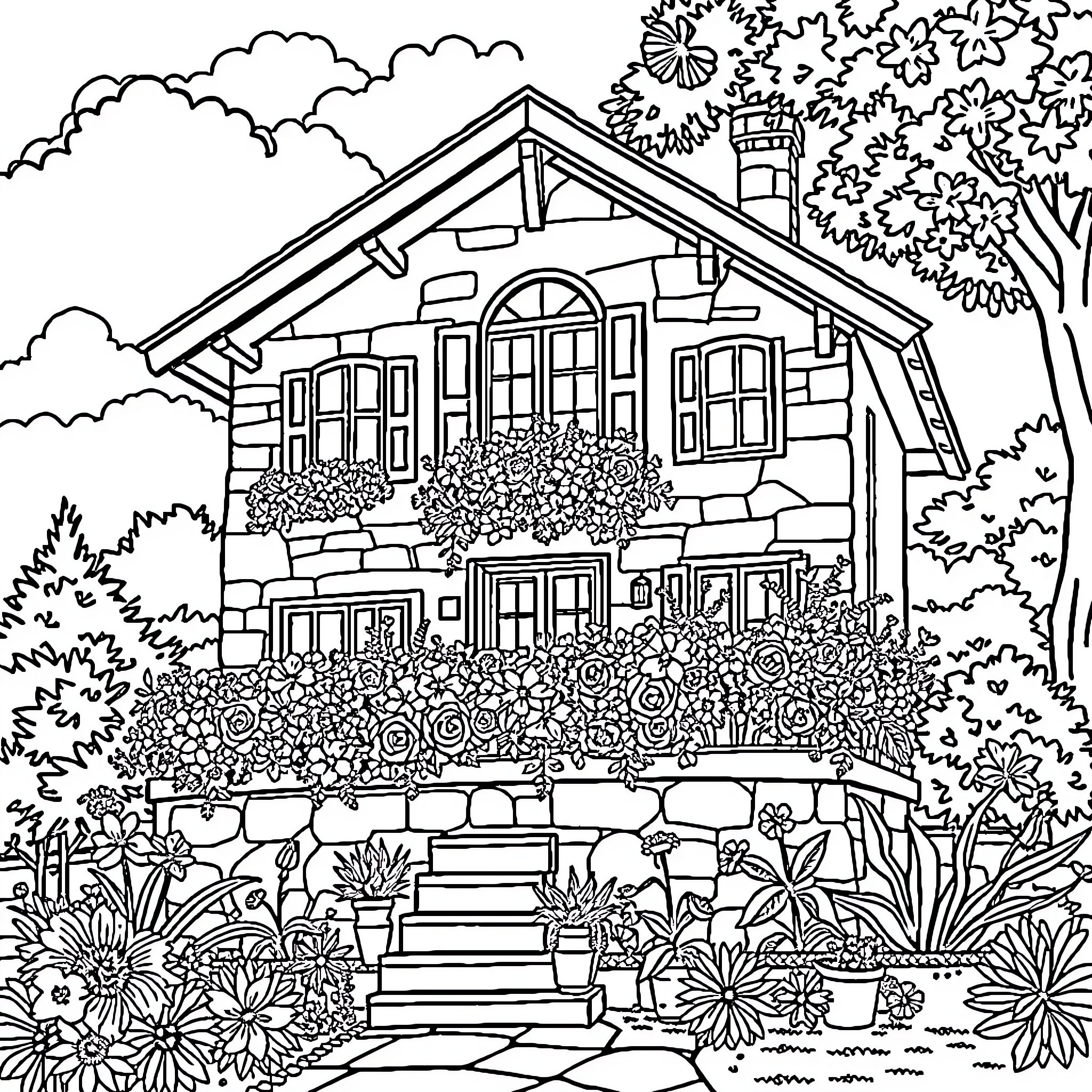 House with Floral Decoration in Scenic Landscape Coloring Page (free black-and-white line drawing printable PDF for all, from beginners to advanced learners, including children, teens, adults, and seniors)