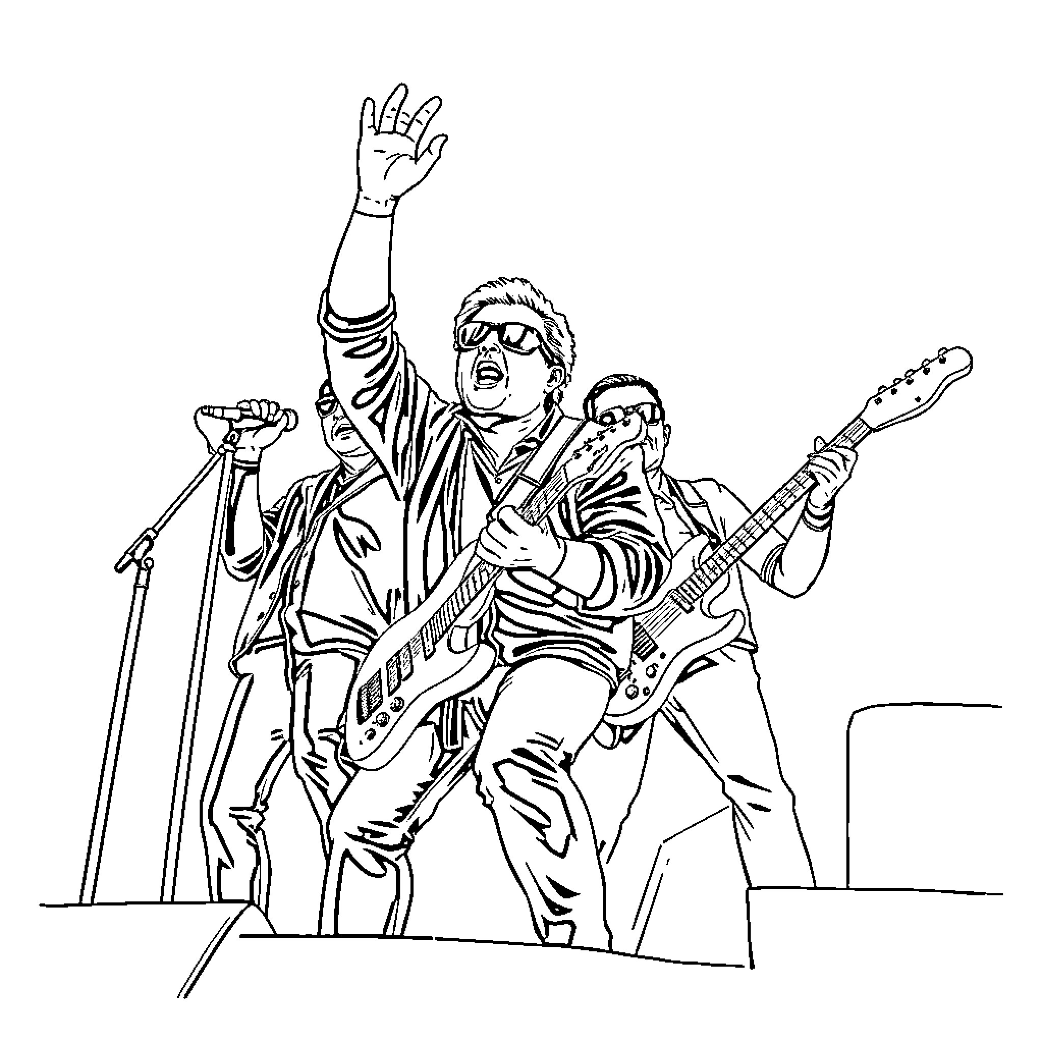 Front 242 Energetic Musical Performance Coloring Page (free black-and-white line drawing printable PDF for all, from beginners to advanced learners, including children, teens, adults, and seniors)