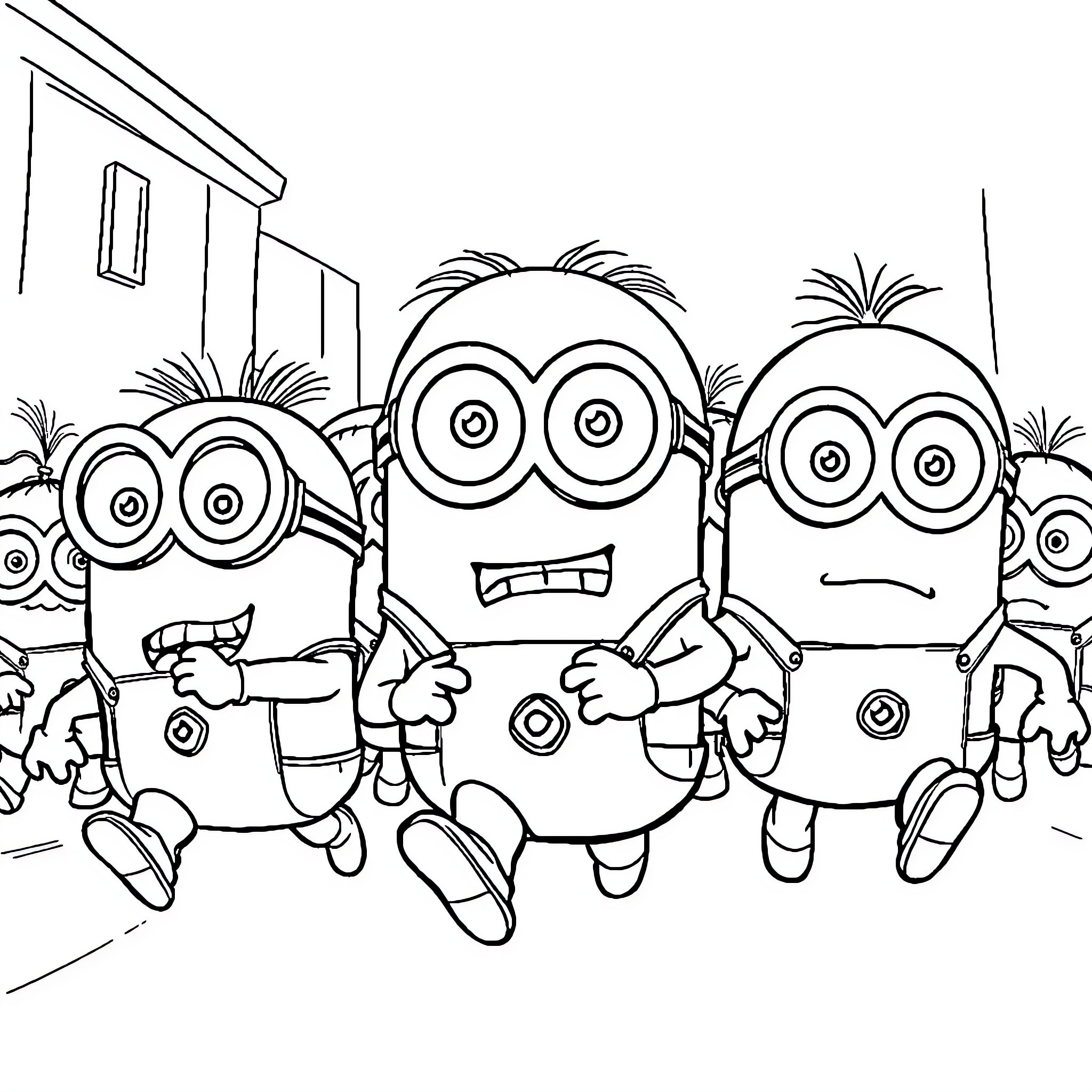 Minions enjoying their mischievous antics in a scene Coloring Page (free black-and-white line drawing printable PDF for all, from beginners to advanced learners, including children, teens, adults, and seniors)