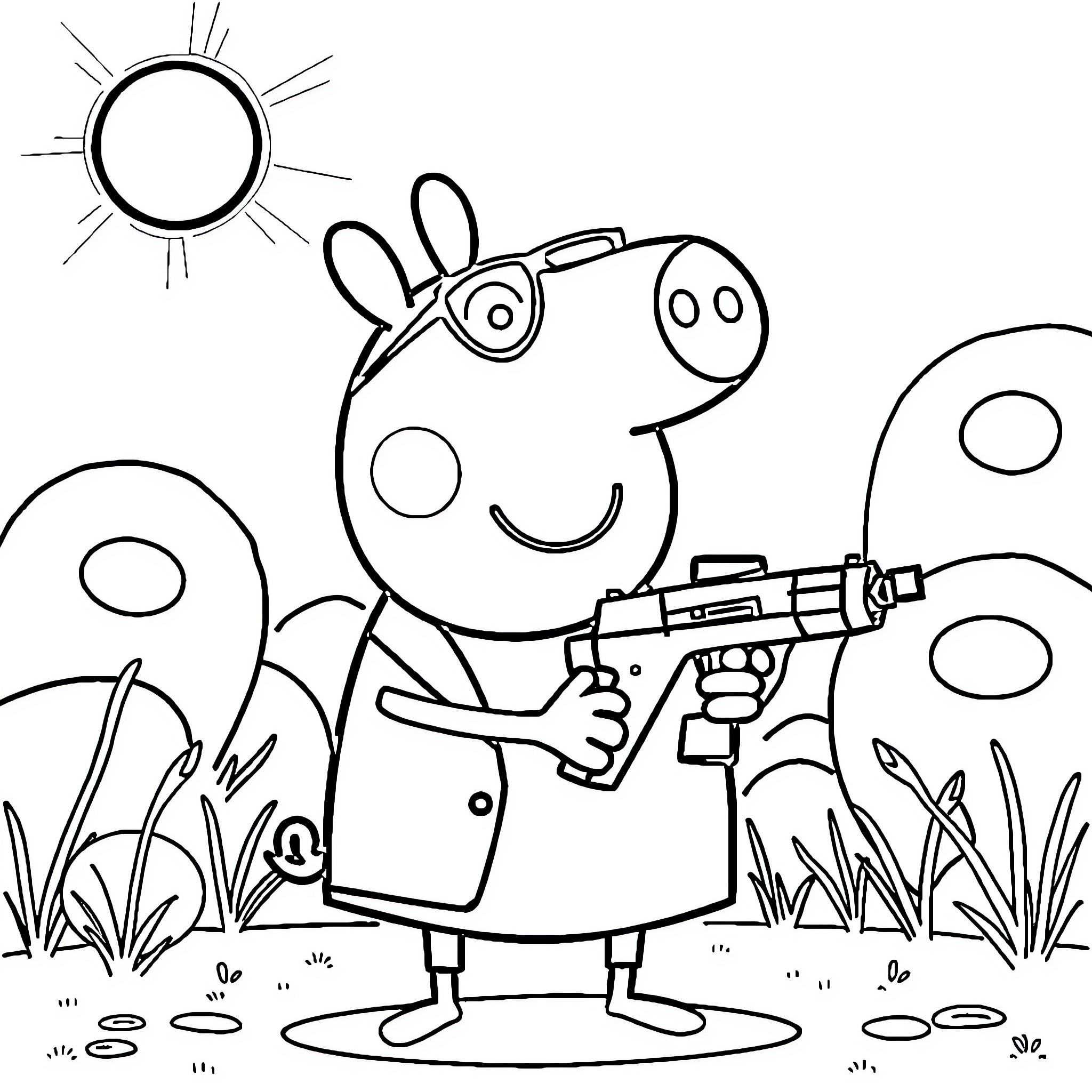 Peppa Pig playing in the sun with a tool Coloring Page (free black-and-white line drawing printable PDF for all, from beginners to advanced learners, including children, teens, adults, and seniors)