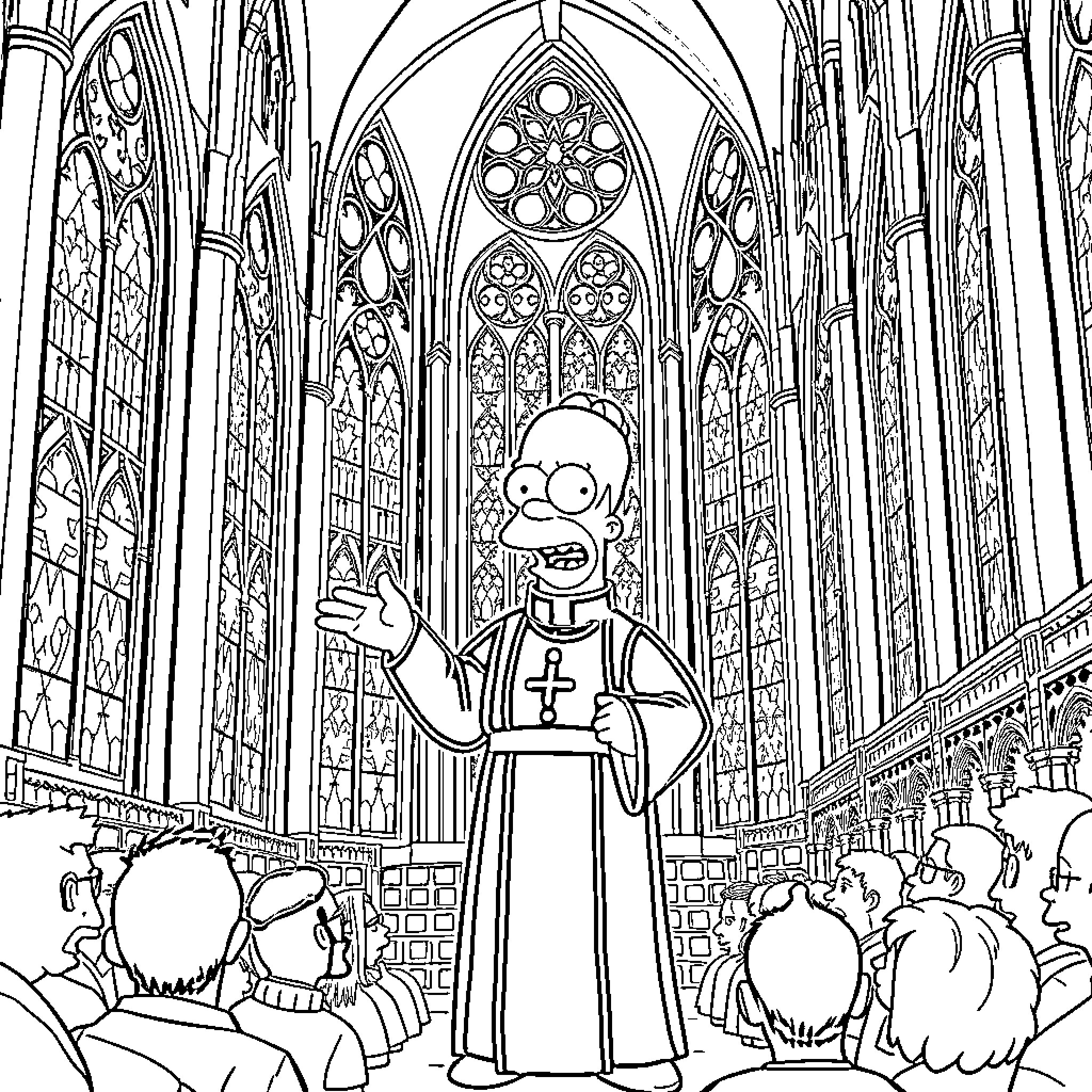 Homer Simpson as a priest in a cathedral Coloring Page (free black-and-white line drawing printable PDF for all, from beginners to advanced learners, including children, teens, adults, and seniors)