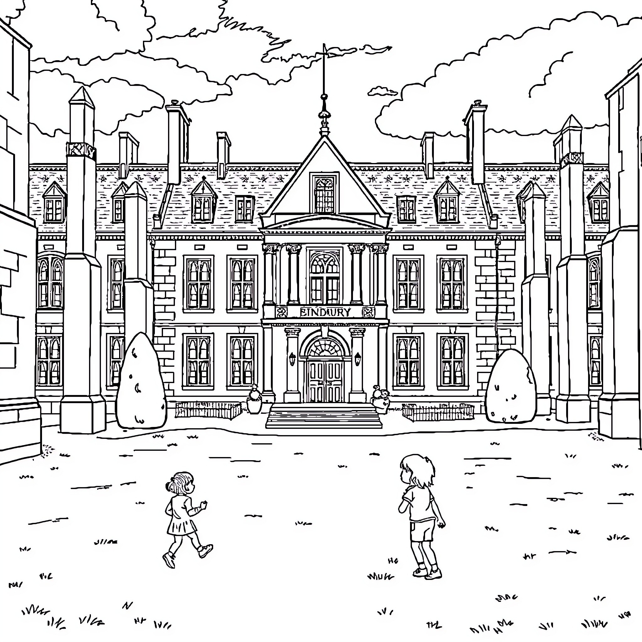 School kids exploring historic architecture Coloring Page (free black-and-white line drawing printable PDF for all, from beginners to advanced learners, including children, teens, adults, and seniors)