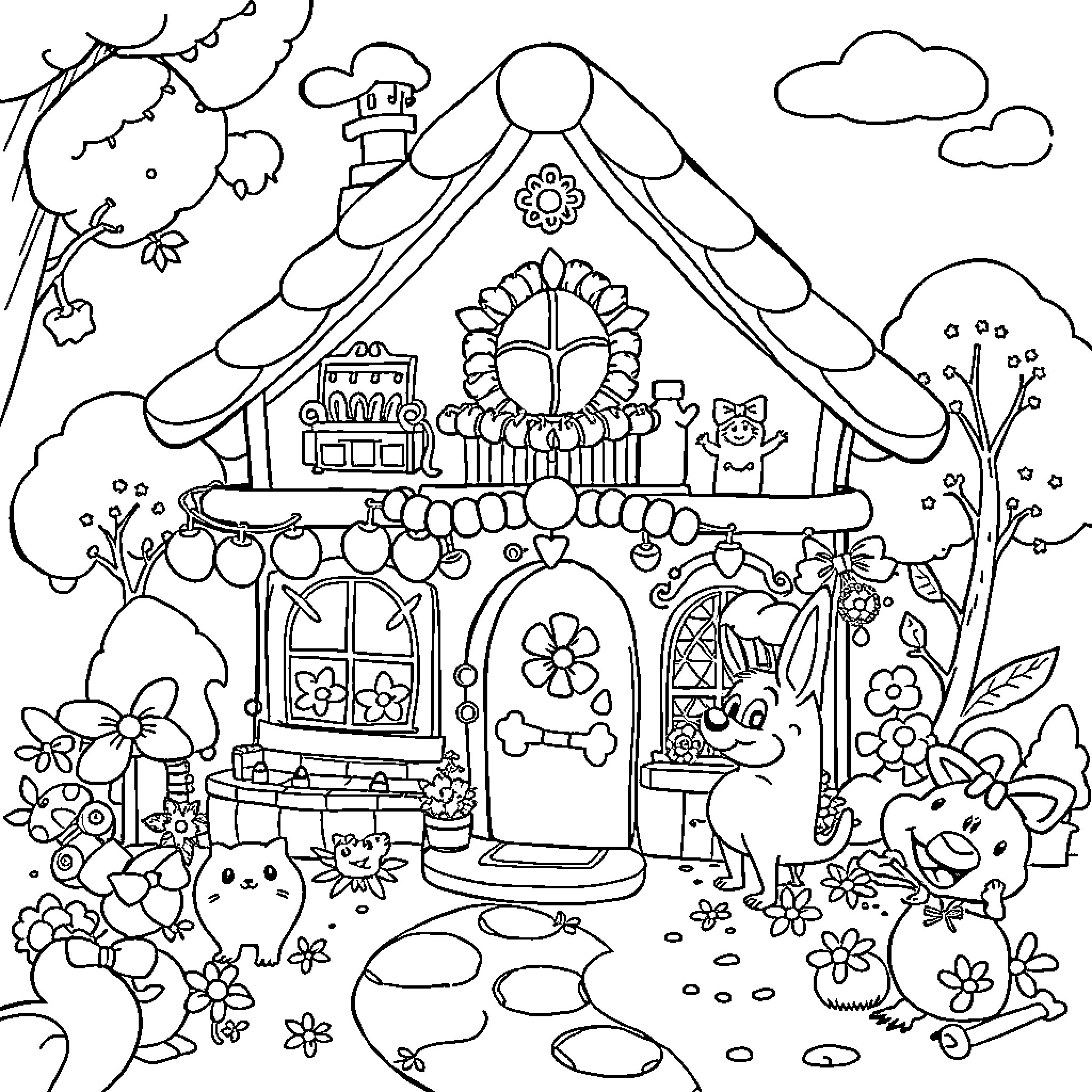Dollhouse with Adorable Animal Residents Coloring Page (free black-and-white line drawing printable PDF for all, from beginners to advanced learners, including children, teens, adults, and seniors)
