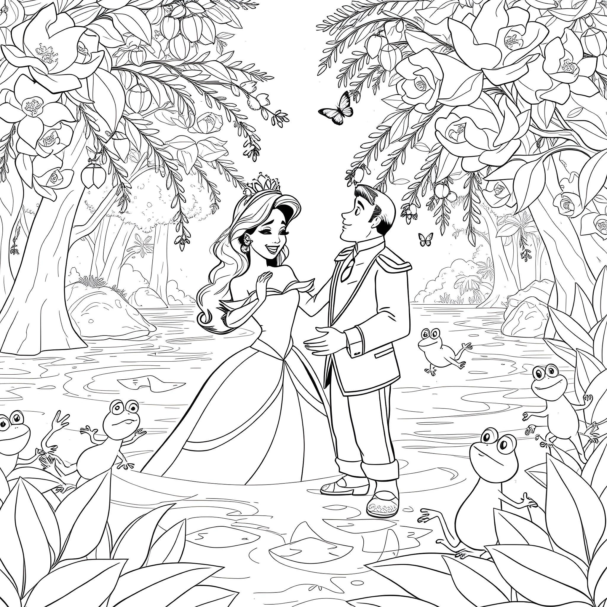 Tiana and Prince Naveen in a lush, fantastical garden Coloring Page (free black-and-white line drawing printable PDF for all, from beginners to advanced learners, including children, teens, adults, and seniors)